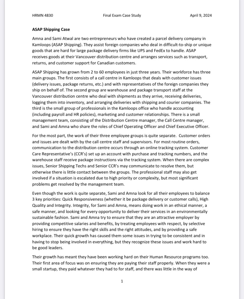  HRMN 4830 Final Exam Case Study April 9,2024 ASAP Shipping Case