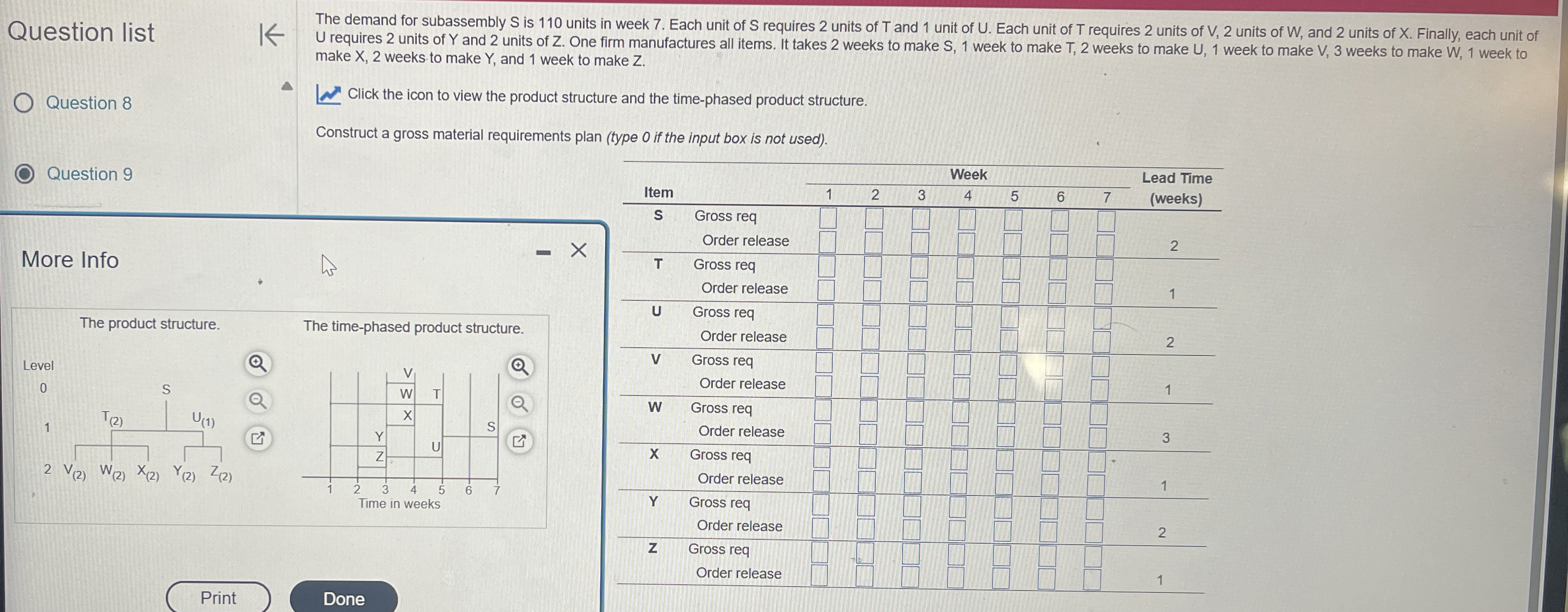  Question list Question 8 Question 9 The demand for subassembly S