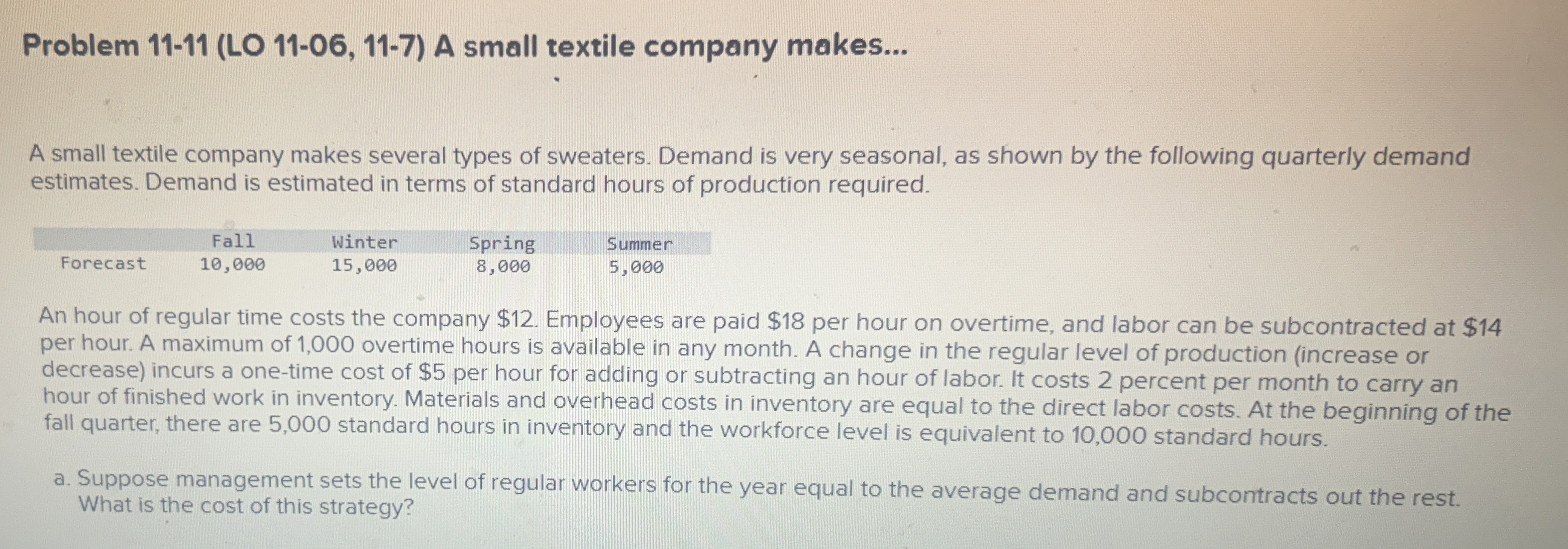  Problem 11-11(LO 11-06,11-7) A small textile company makes... A small textile