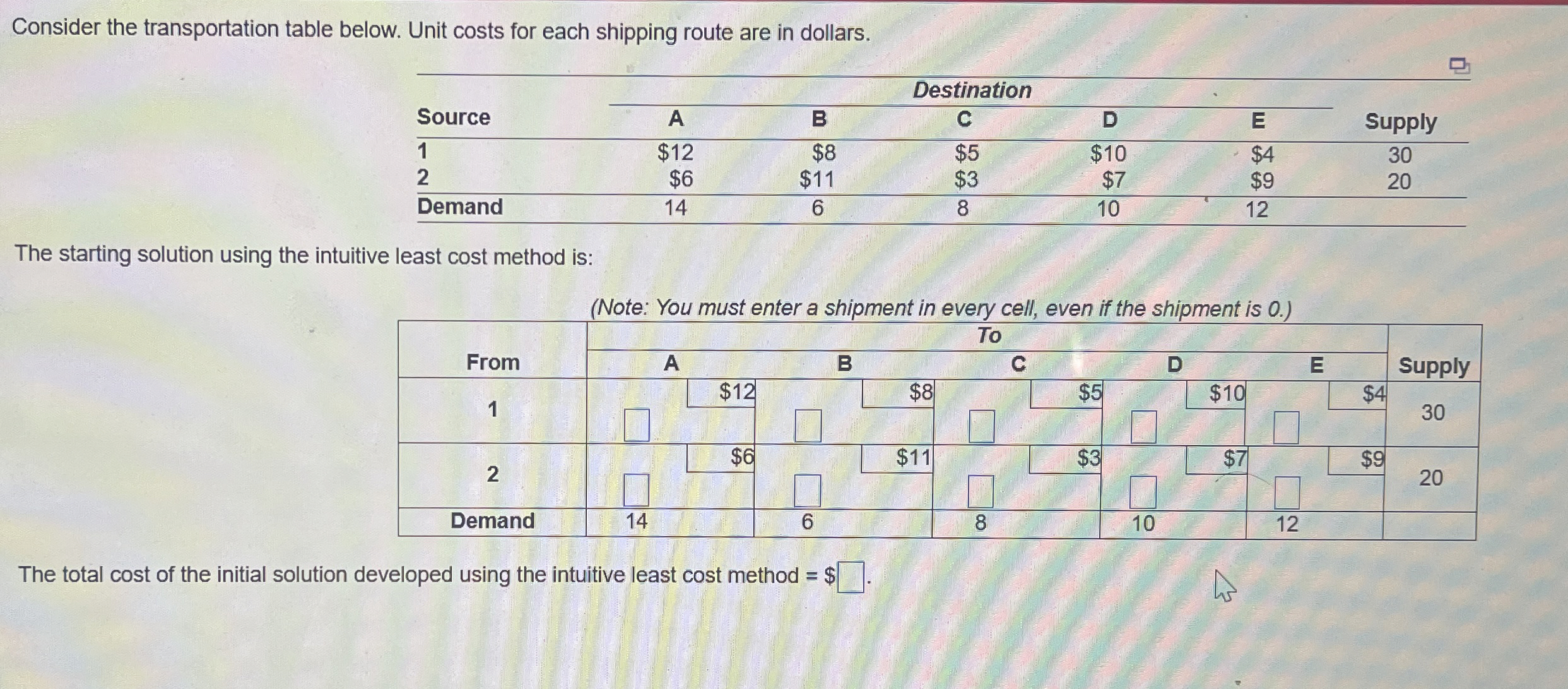  Consider the transportation table below. Unit costs for each shipping route