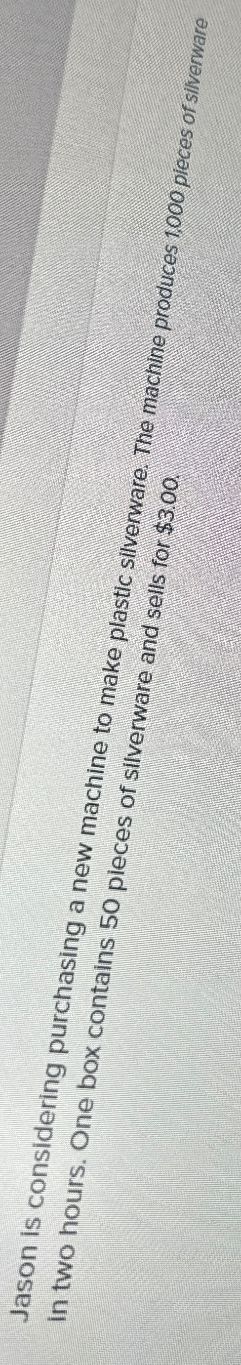  Jason is considering purchasing a new machine to make plastic silverware.