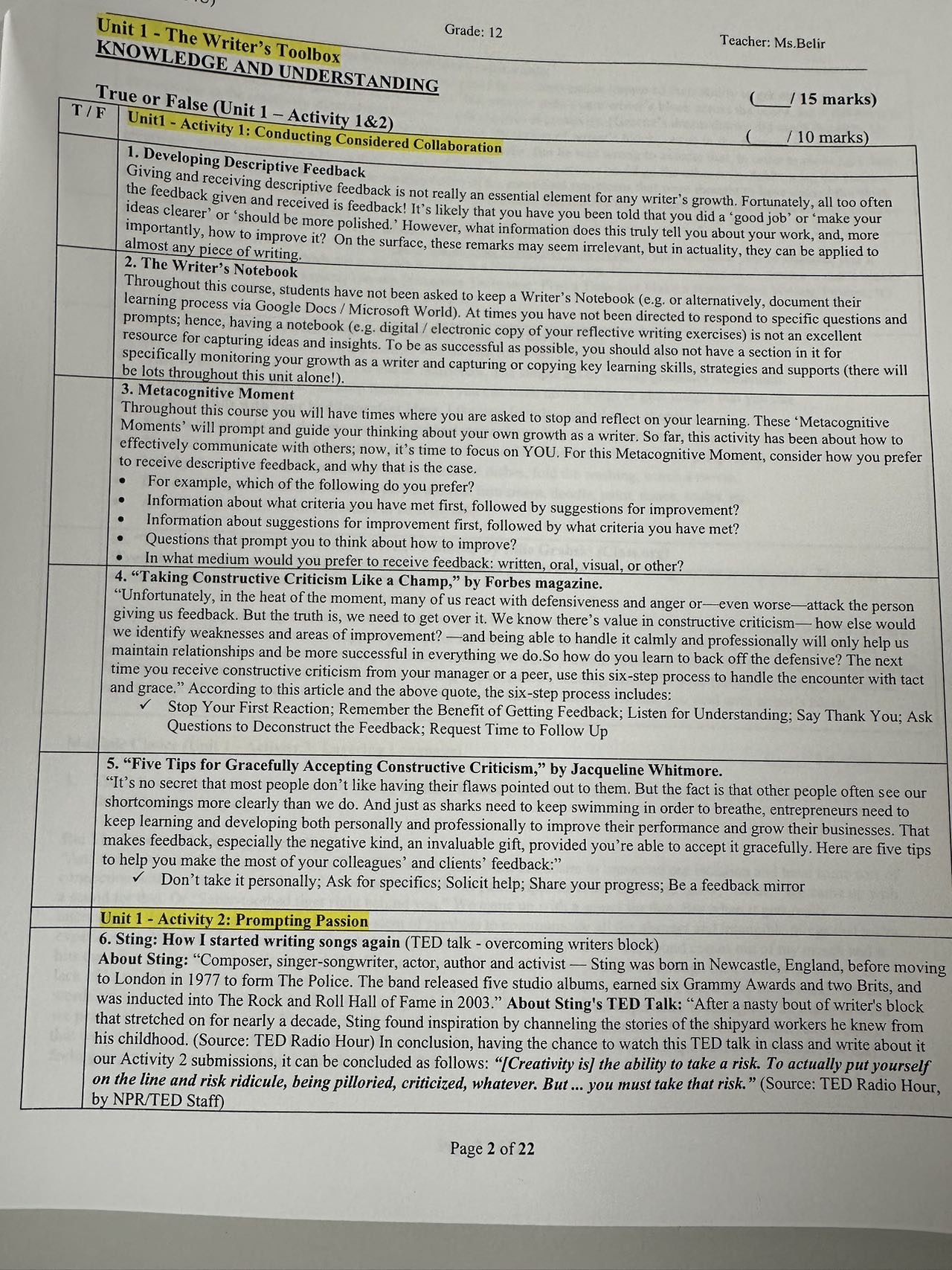  Grade: 12 Teacher: Ms.Belir Unit 1- The Writer's Toolbox KNOWLEDGE AND