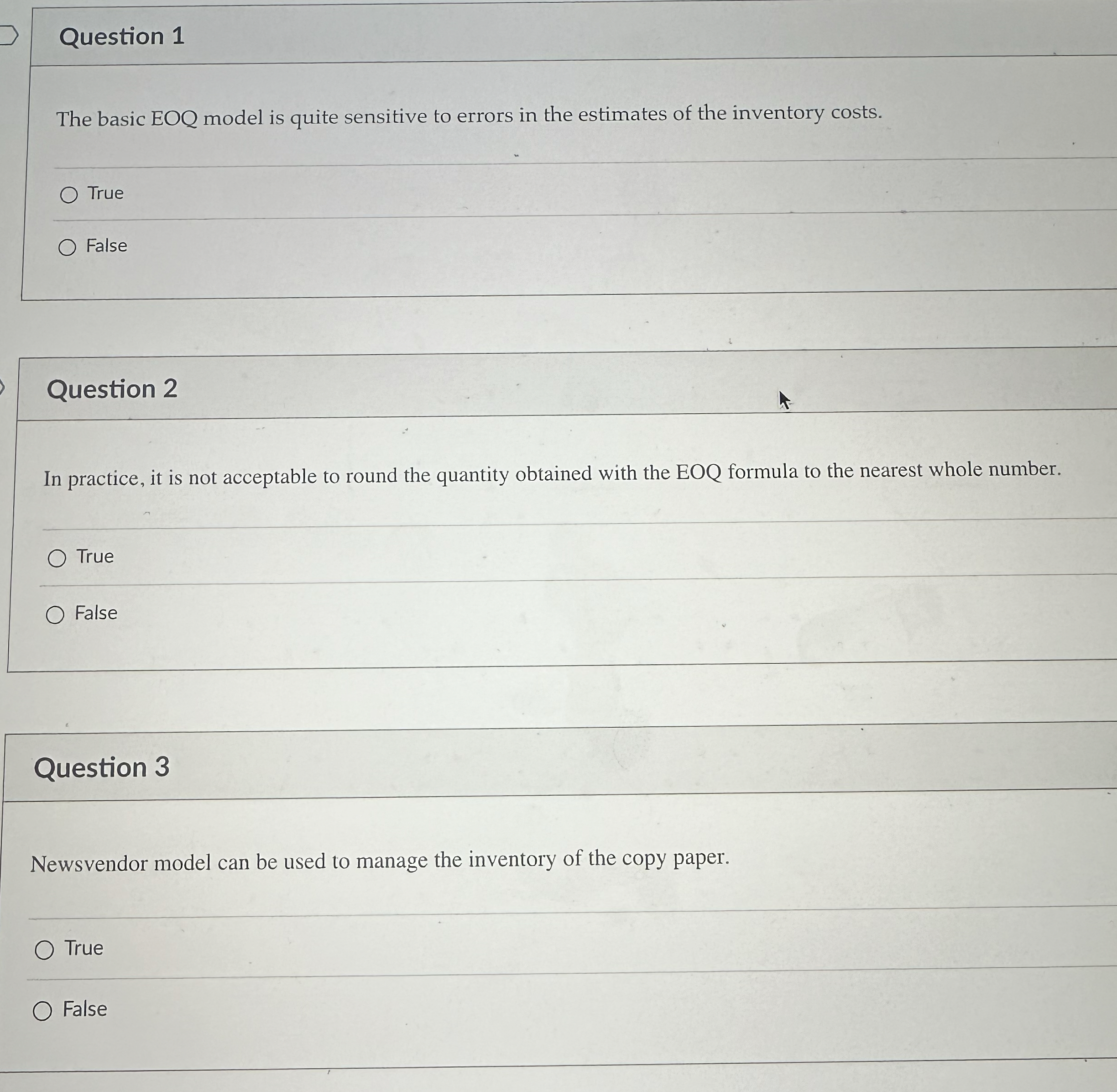  Question 1 The basic EOQ model is quite sensitive to errors