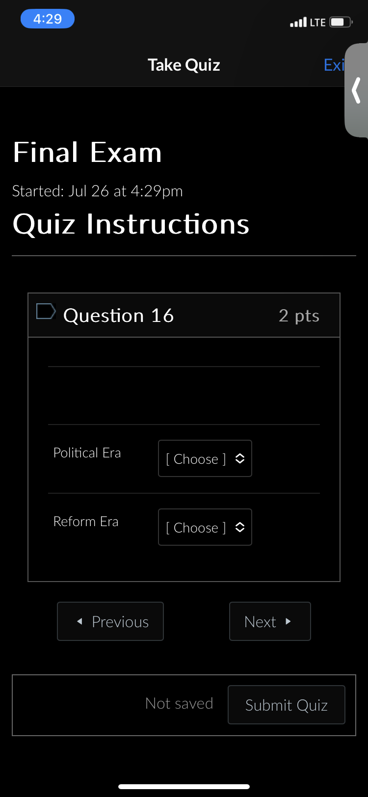 Next Not saved Submit Quiz Time Running: Hide Time4:29 OI LTE SUPERIOR