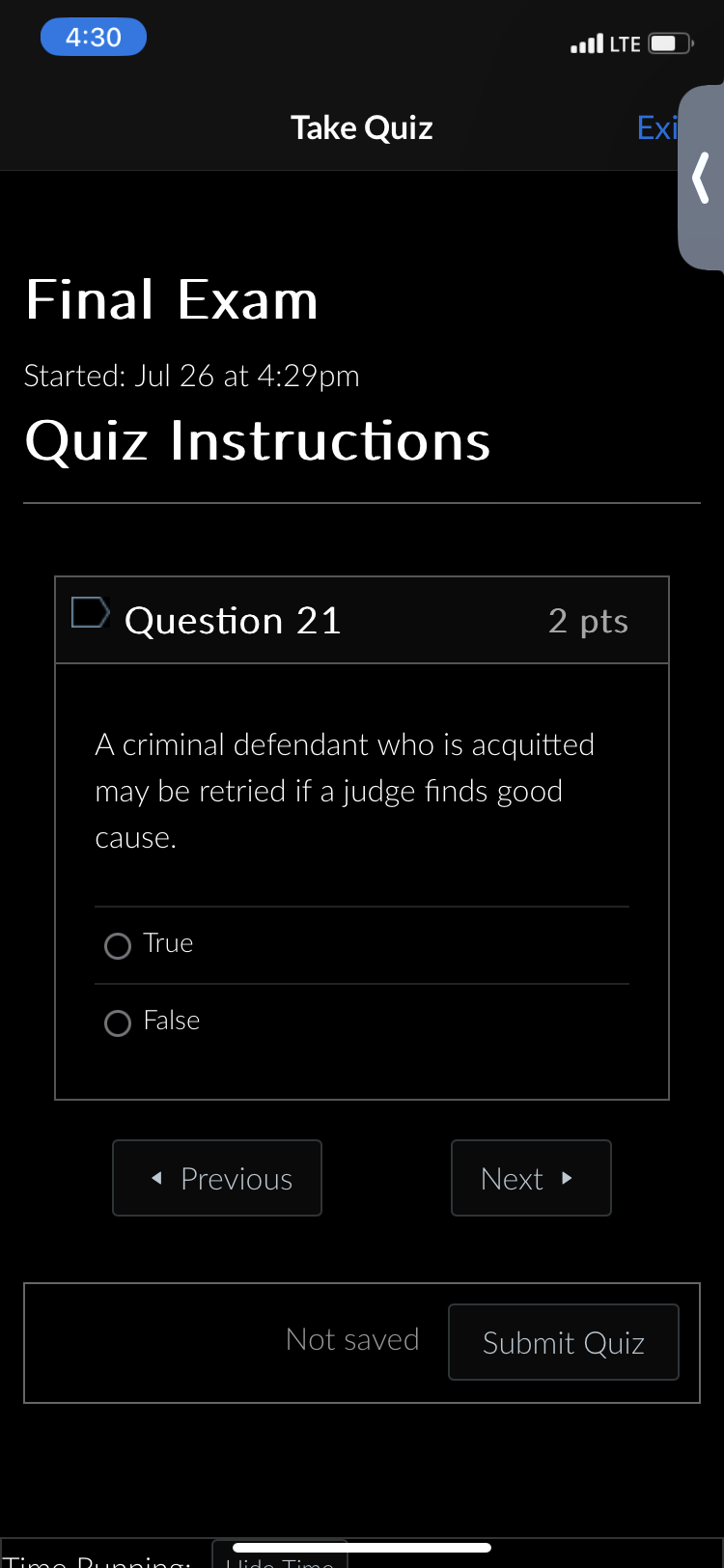 Submit Quiz Time Running: Hae TimeR SUPERIOR 1) 5 STl Exf a3