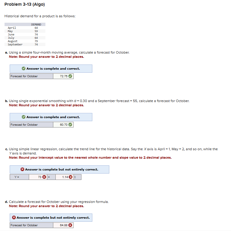  Problem 3-13(Algo) Historical demand for a product is as follows: a.