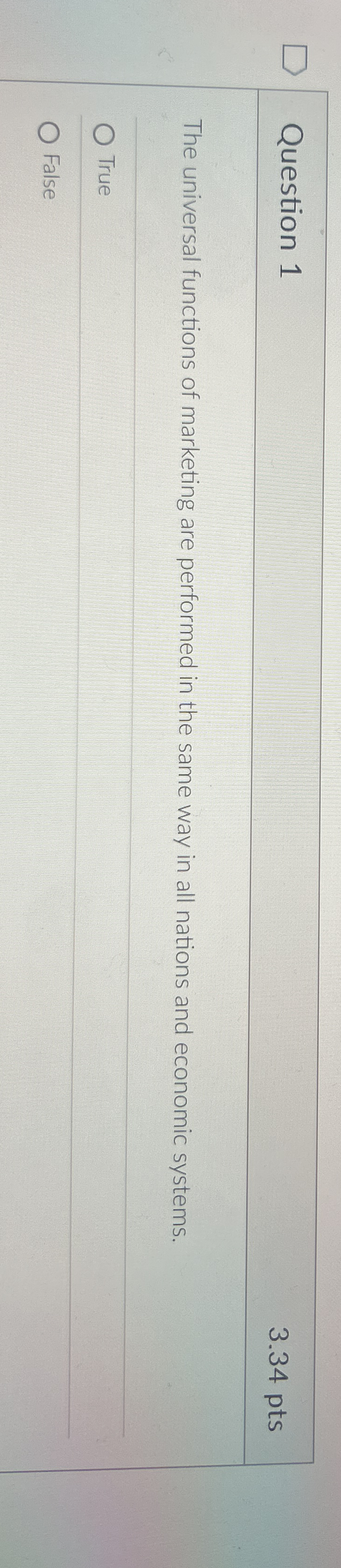 Question 1 3.34 pts The universal functions of marketing are performed