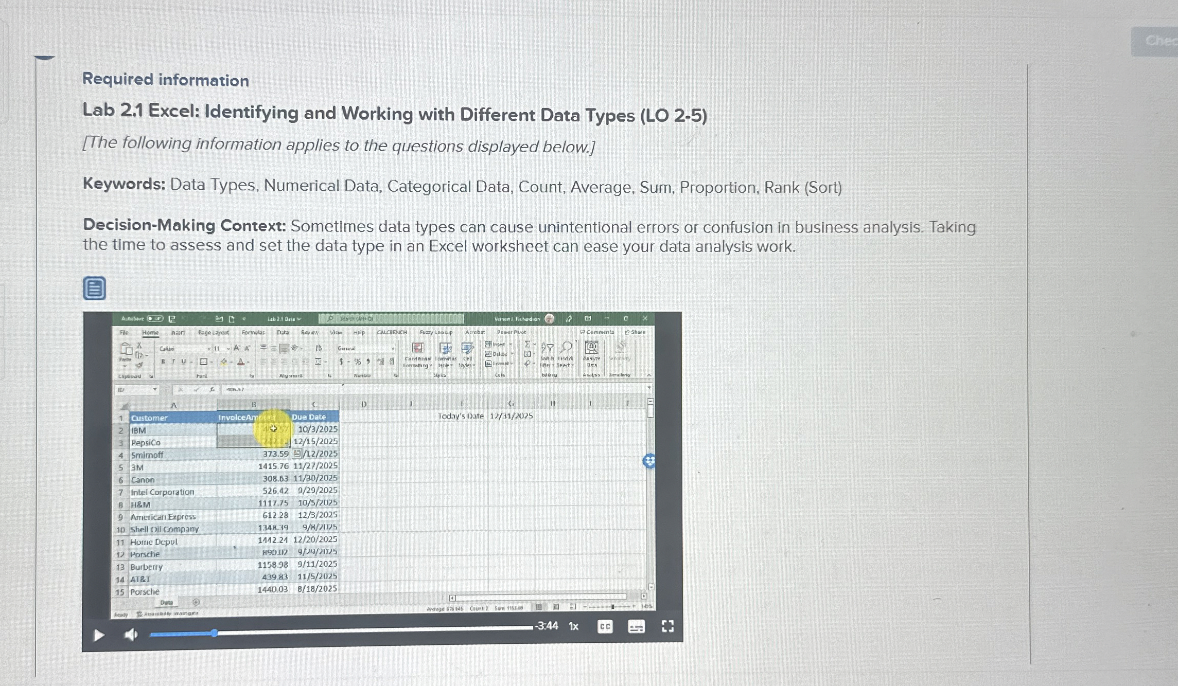  Required information Lab 2.1 Excel: Identifying and Working with Different Data