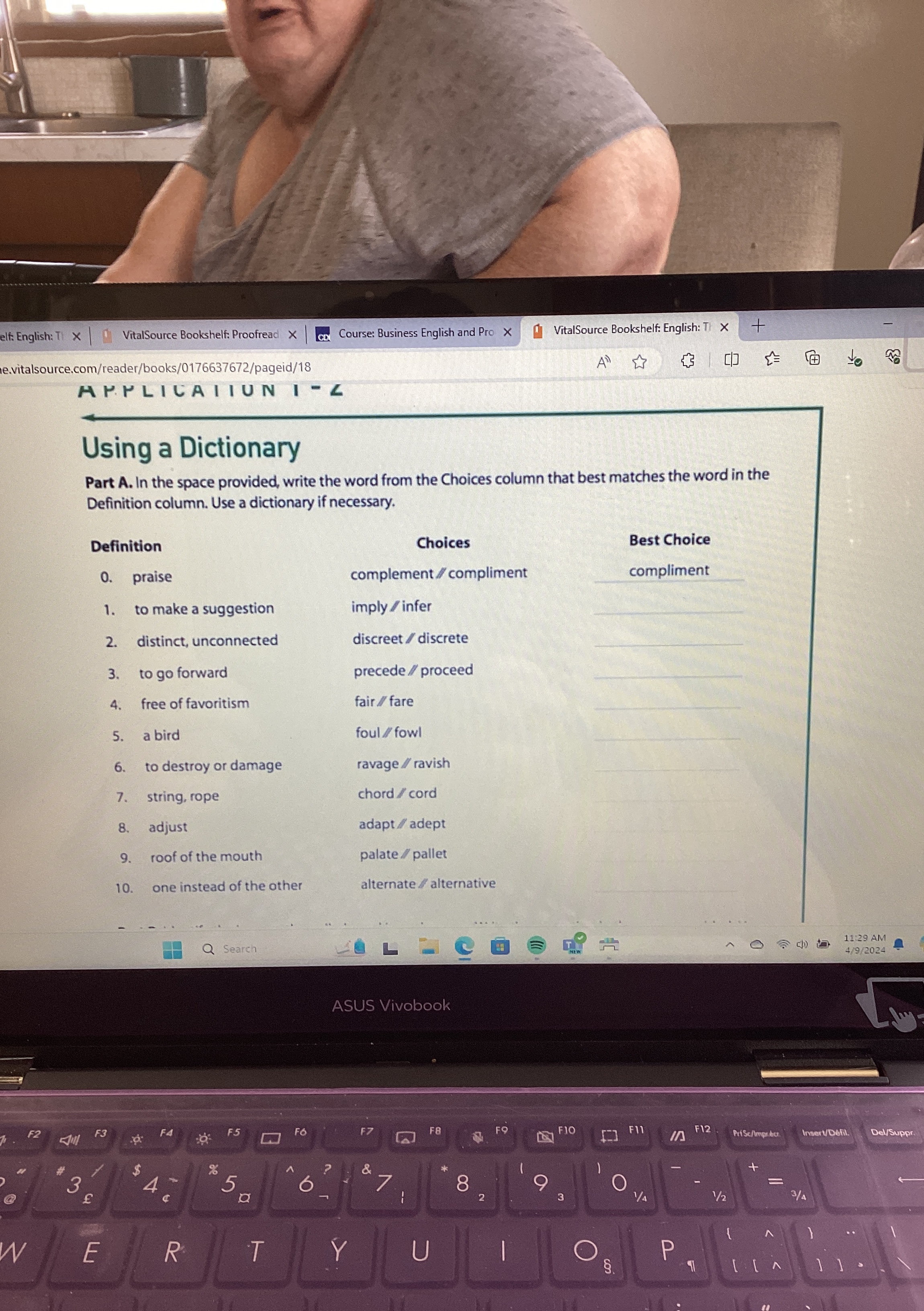  Using a Dictionary Part A. In the space provided, write the