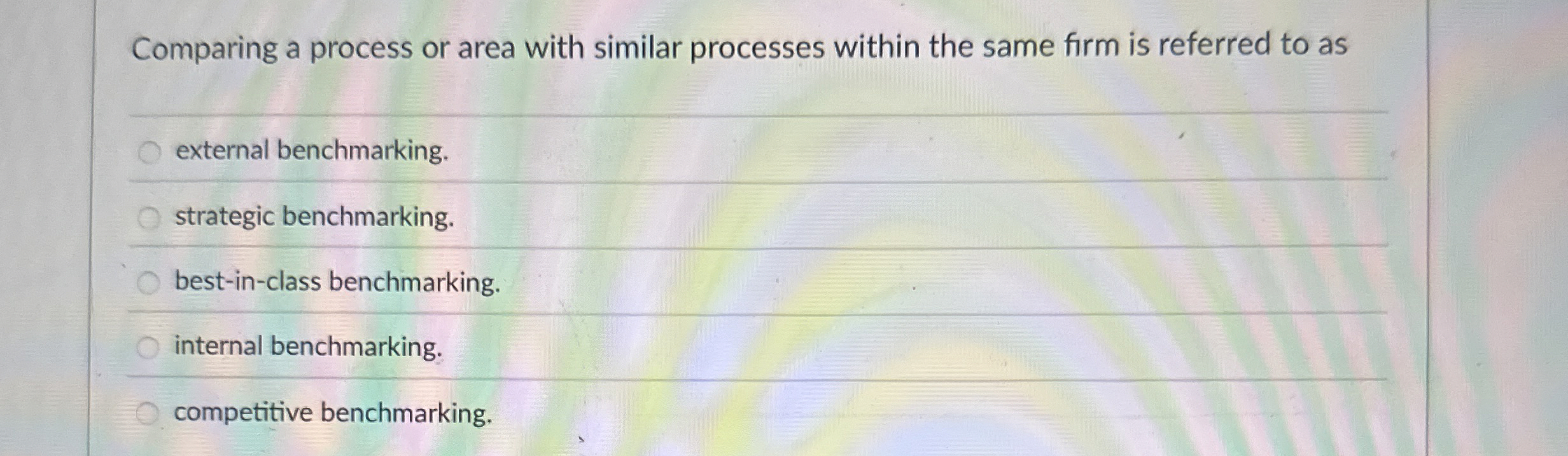  Comparing a process or area with similar processes within the same