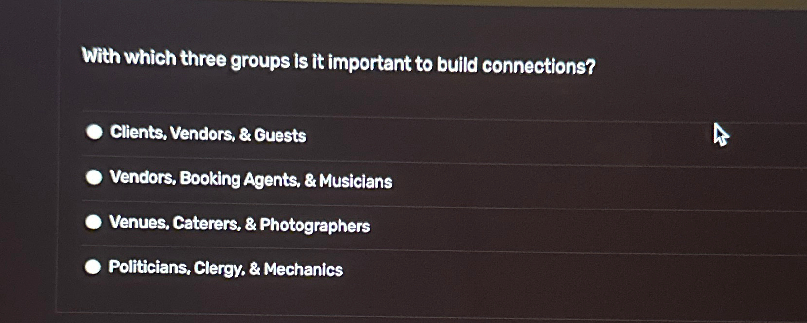  With which three groups is it important to build connections? Cllients,