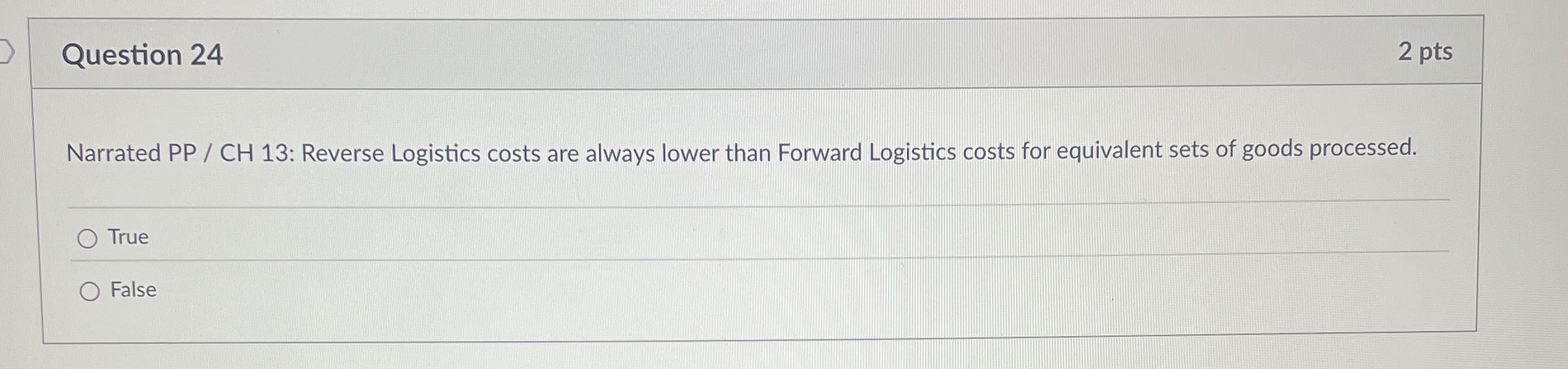  Question 24 2 pts Narrated PP / CH 13: Reverse Logistics