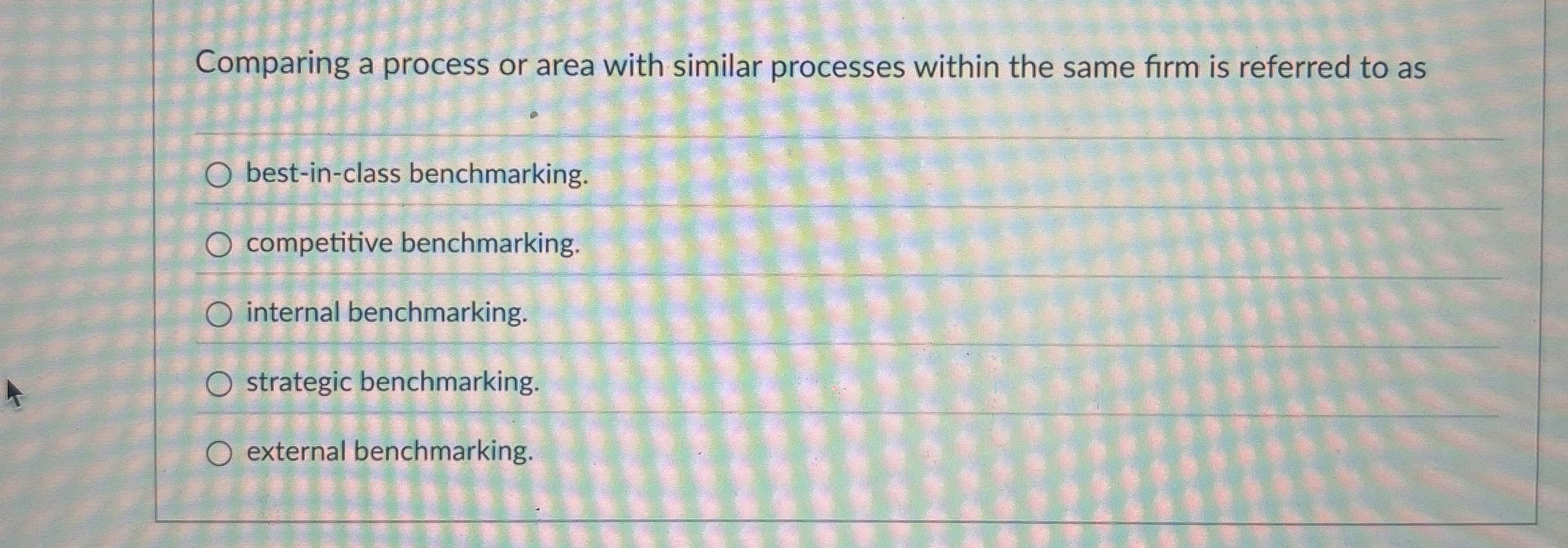  Comparing a process or area with similar processes within the same