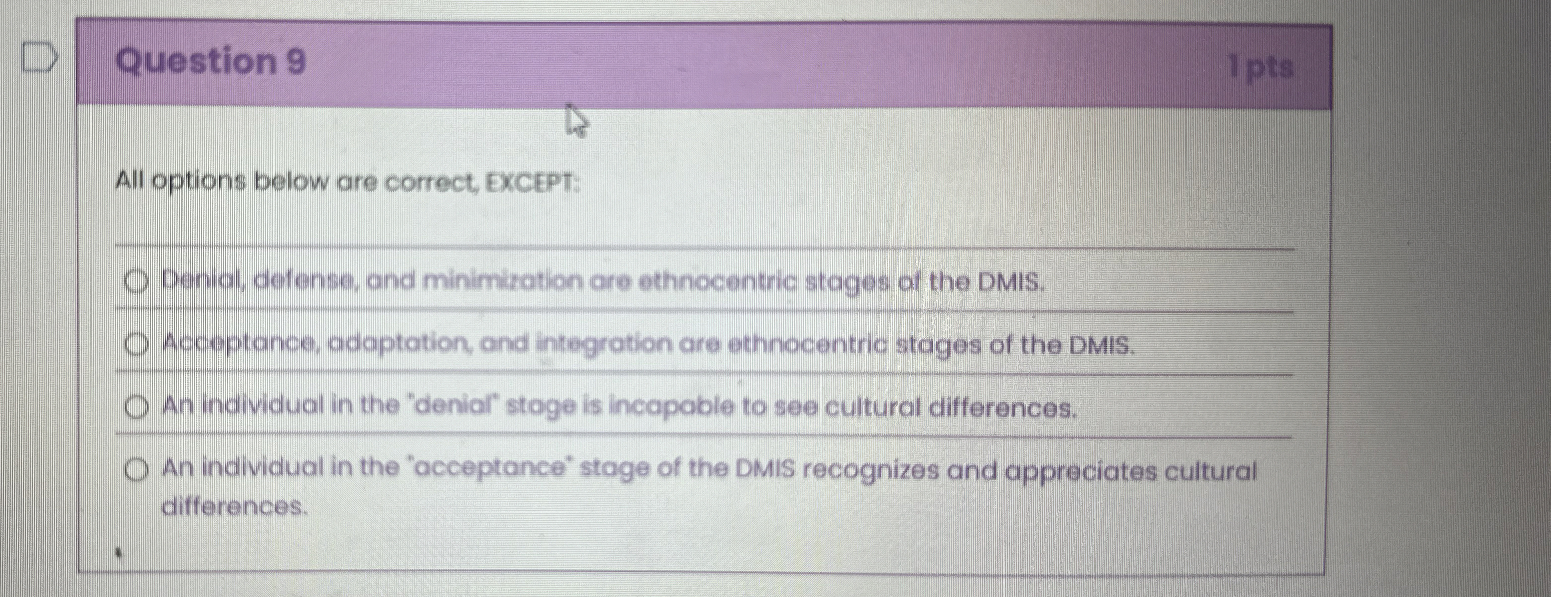  Question 9 All options below are correct, EXCEPT: Denial, defense, and