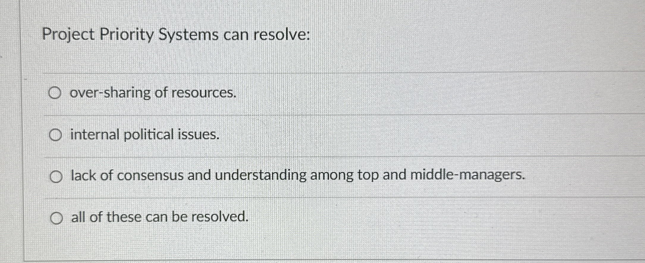  Project Priority Systems can resolve: over-sharing of resources. internal political issues.