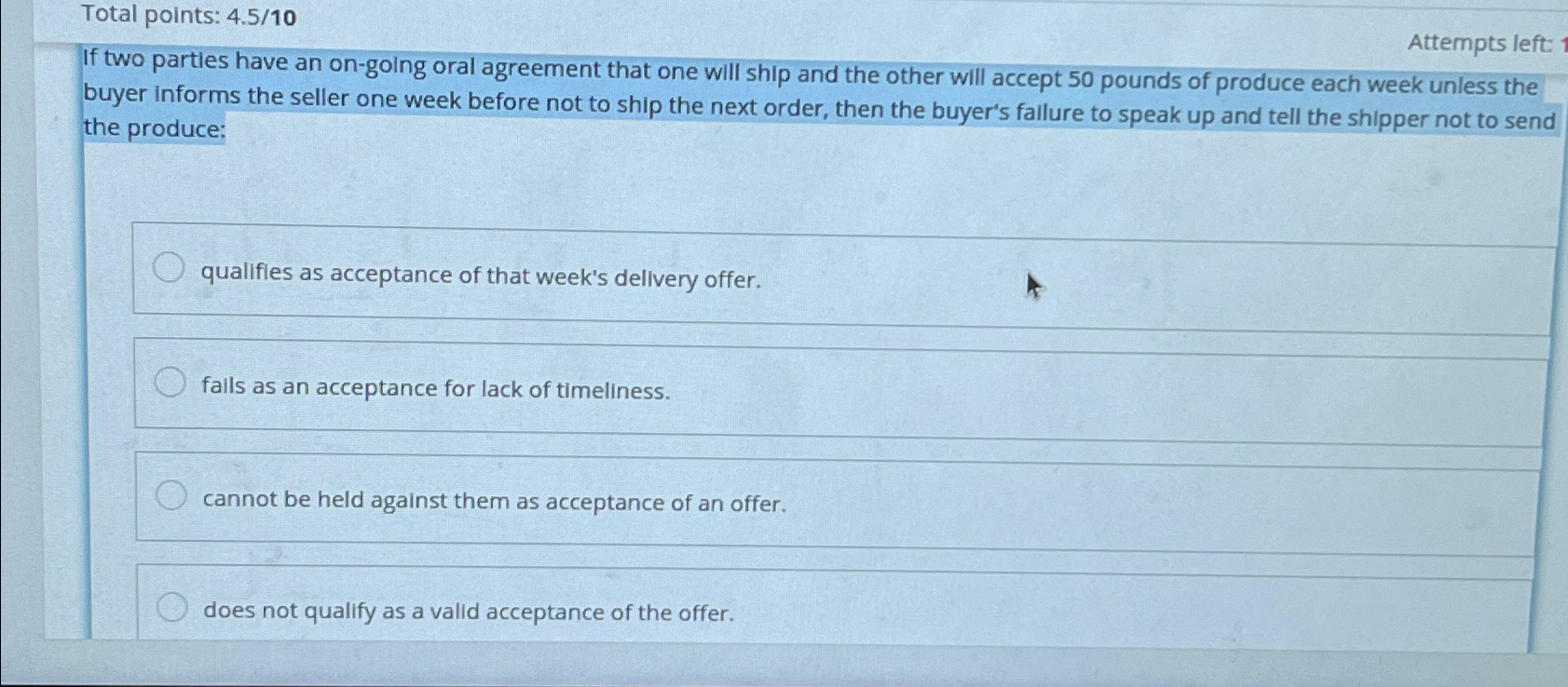  Total points: 4.5/10 Attempts left: If two parties have an on-golng