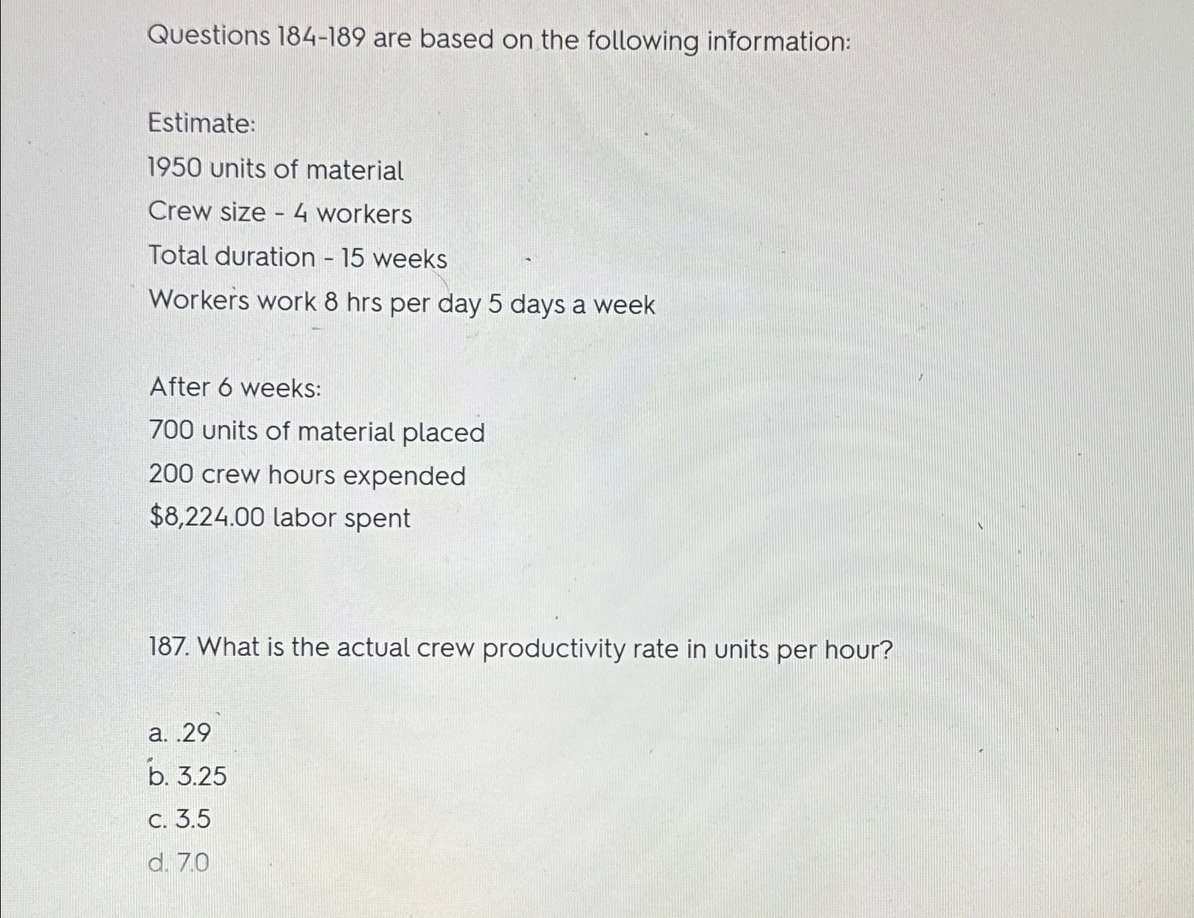  Questions 184-189 are based on the following information: Estimate: 1950 units