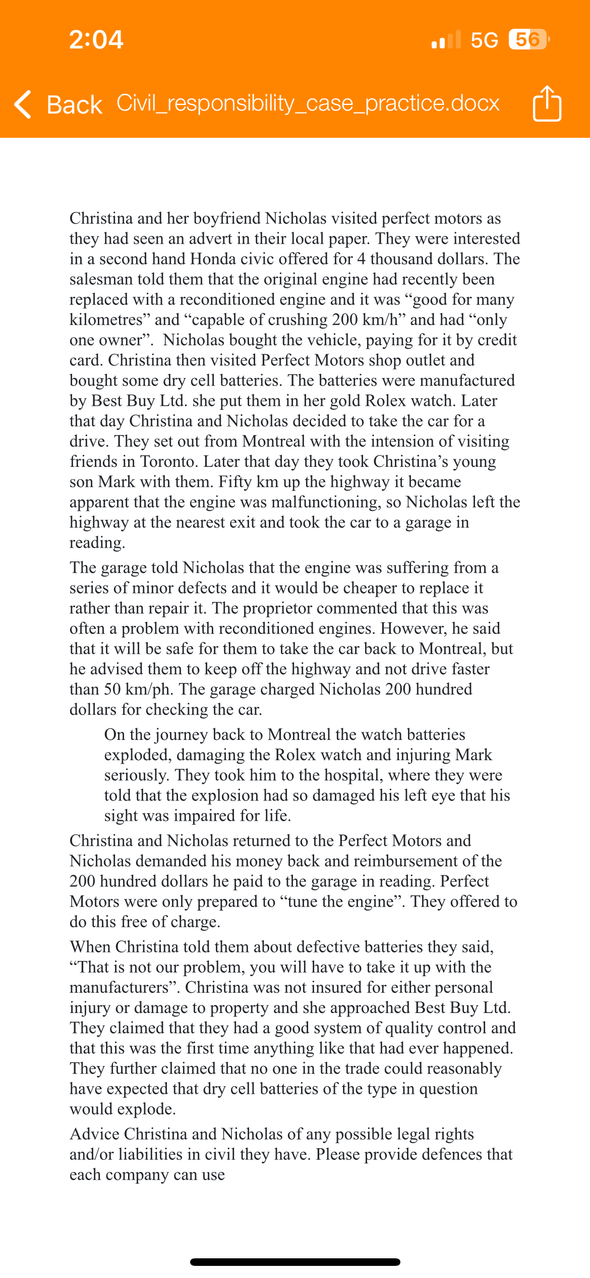  2:04 Back Civil_responsibility_case_practice.docx Christina and her boyfriend Nicholas visited perfect motors
