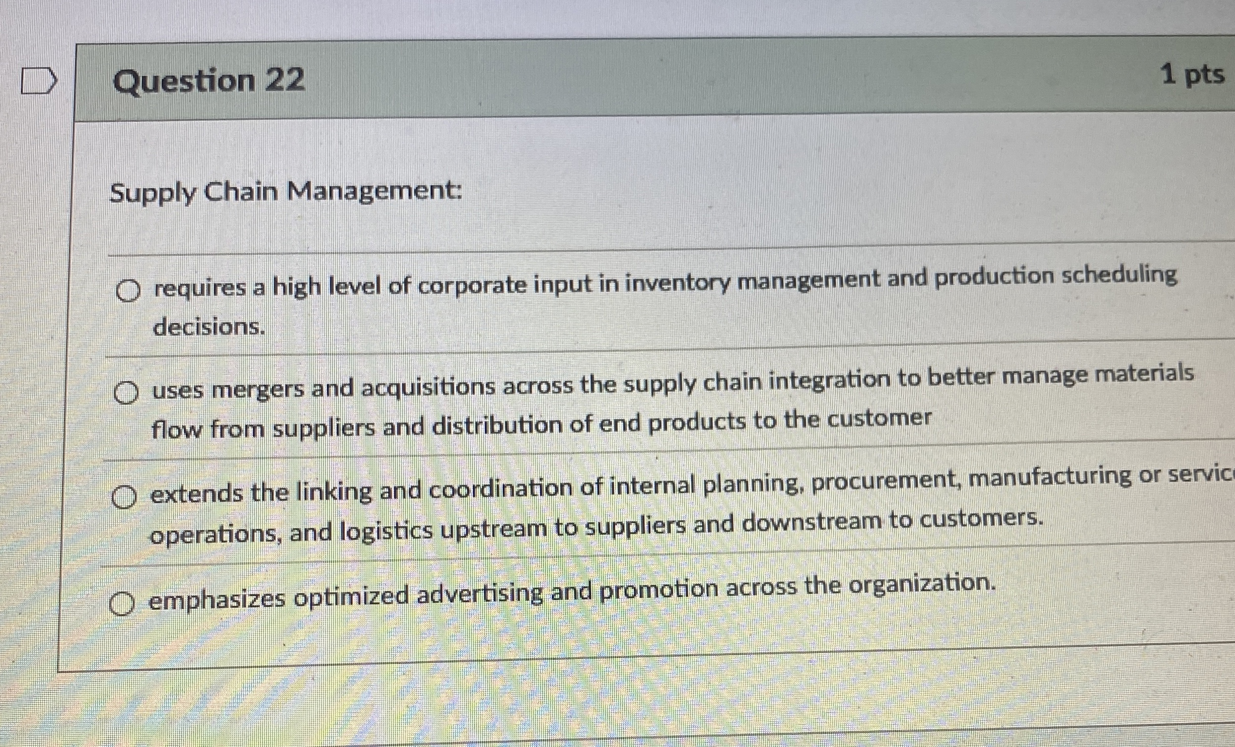  Question 22 Supply Chain Management: requires a high level of corporate