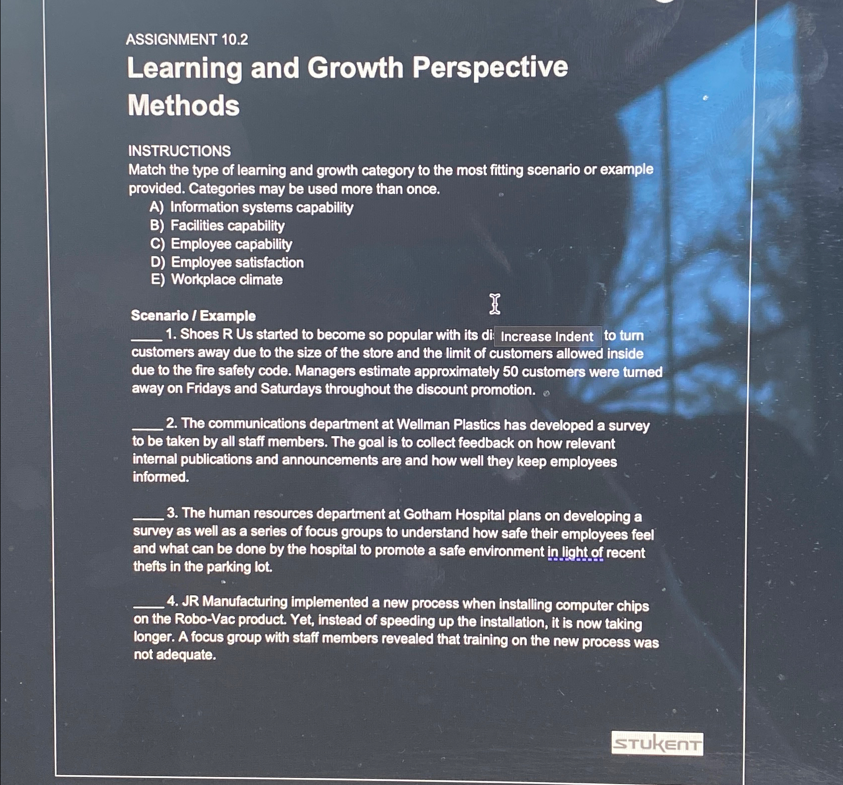 ASSIGNMENT 10.2 Learning and Growth Perspective Methods INSTRUCTIONS Match the type