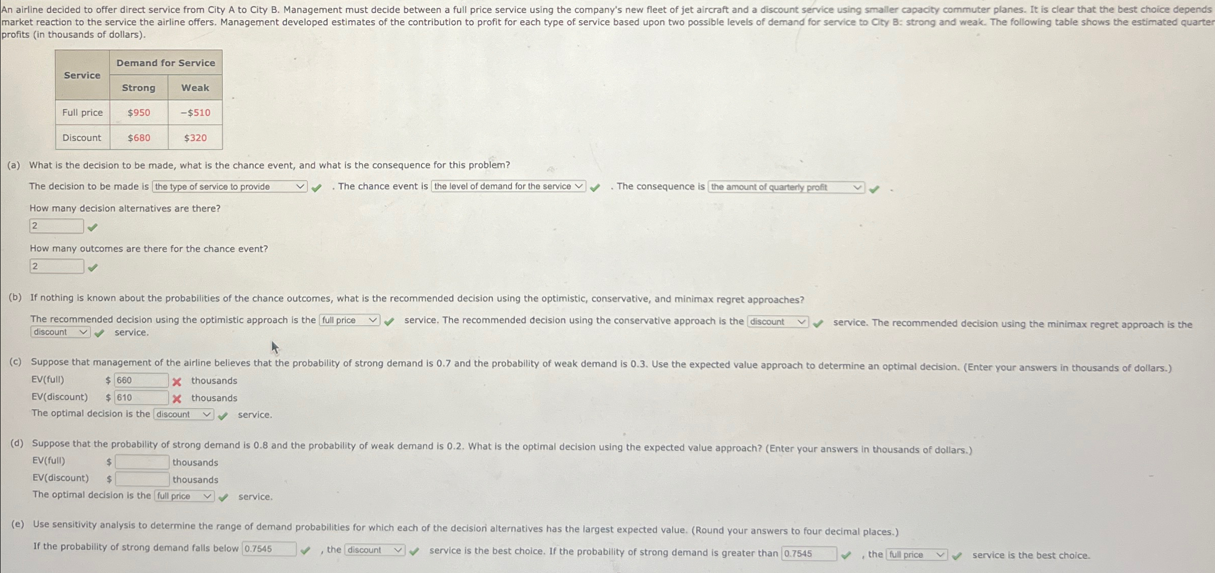  profits (in thousands of dollars), \table[[Service,Demand for Service],[Strong,Weak],[Full price,$950,-$510 