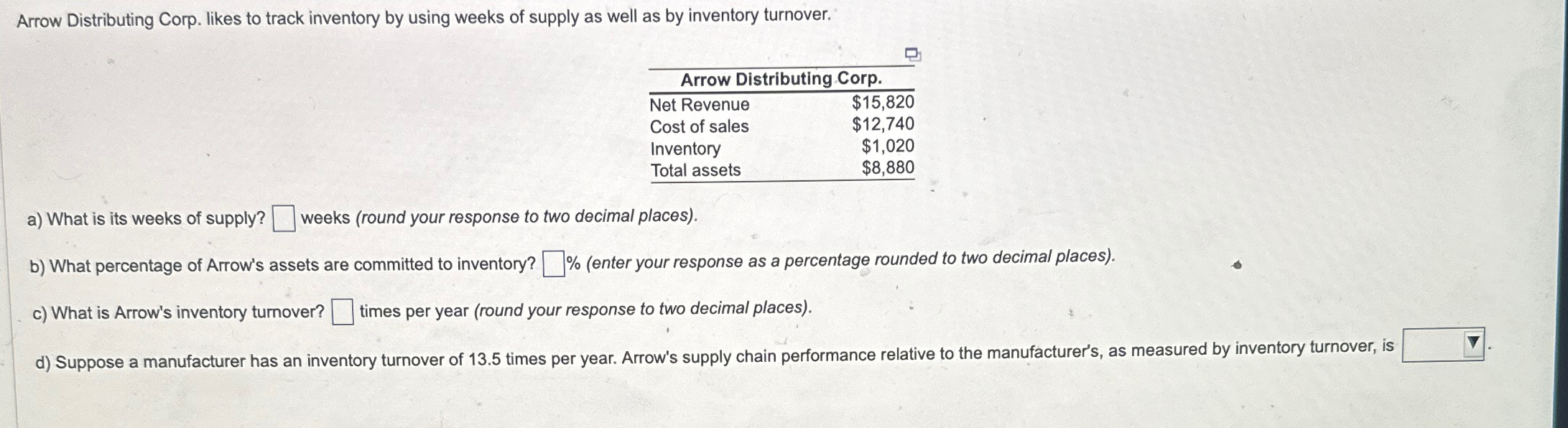  Arrow Distributing Corp. likes to track inventory by using weeks of