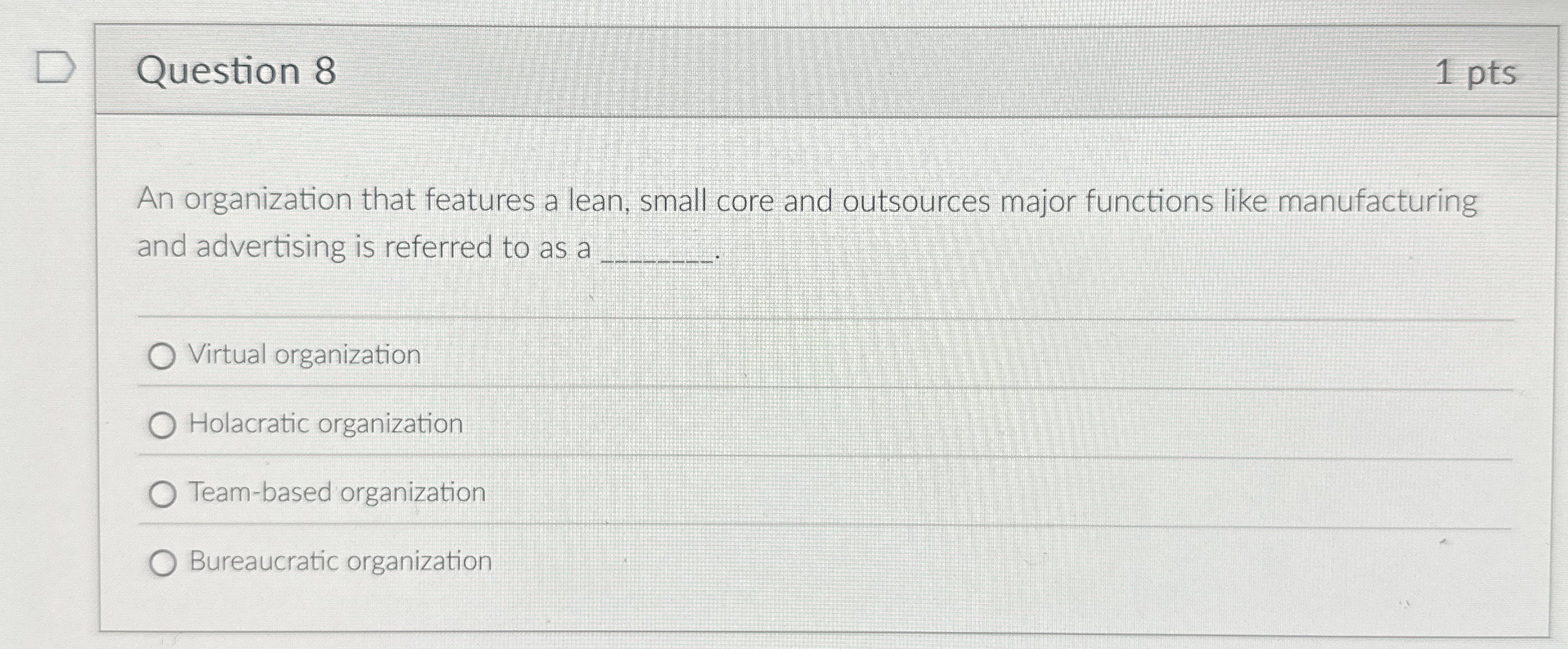  Question 8 1 pts An organization that features a lean, small