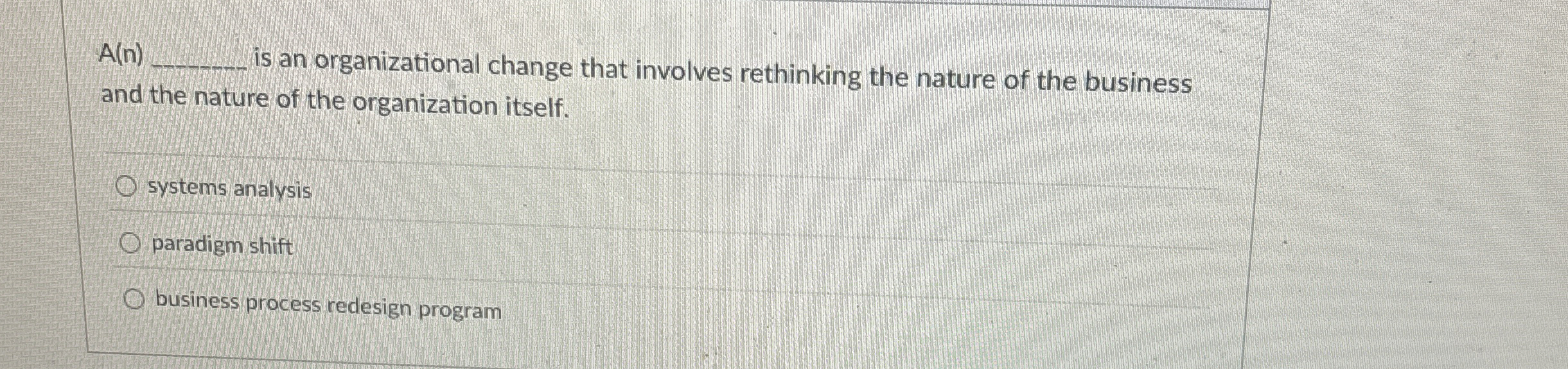  A(n) is an organizational change that involves rethinking the nature of