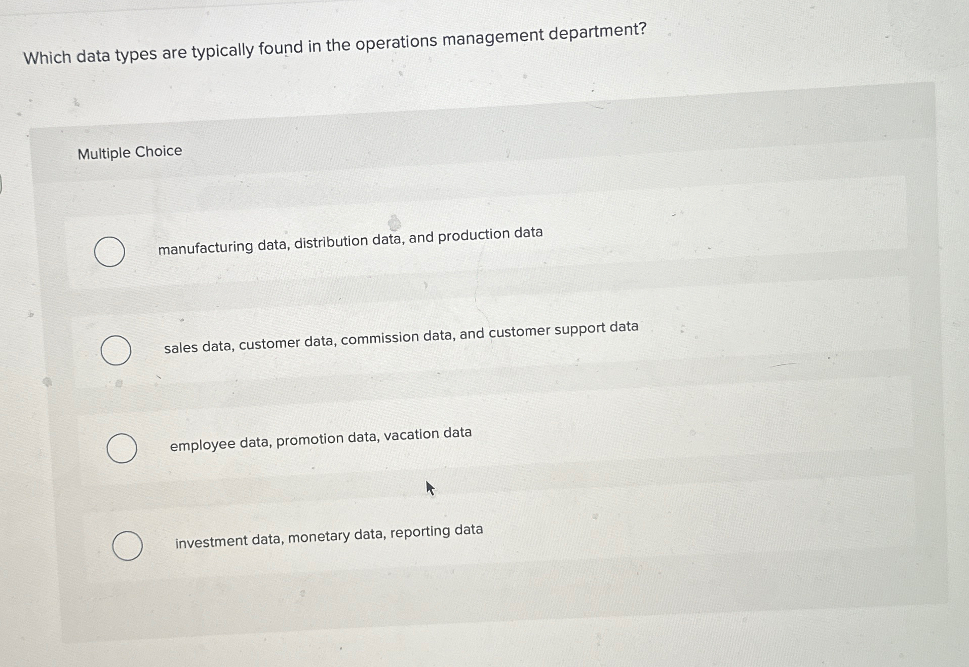  Which data types are typically found in the operations management department?