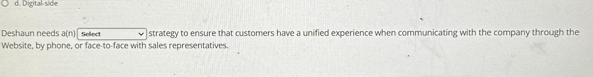 Deshaun needs a(n) strategy to ensure that customers have a unified