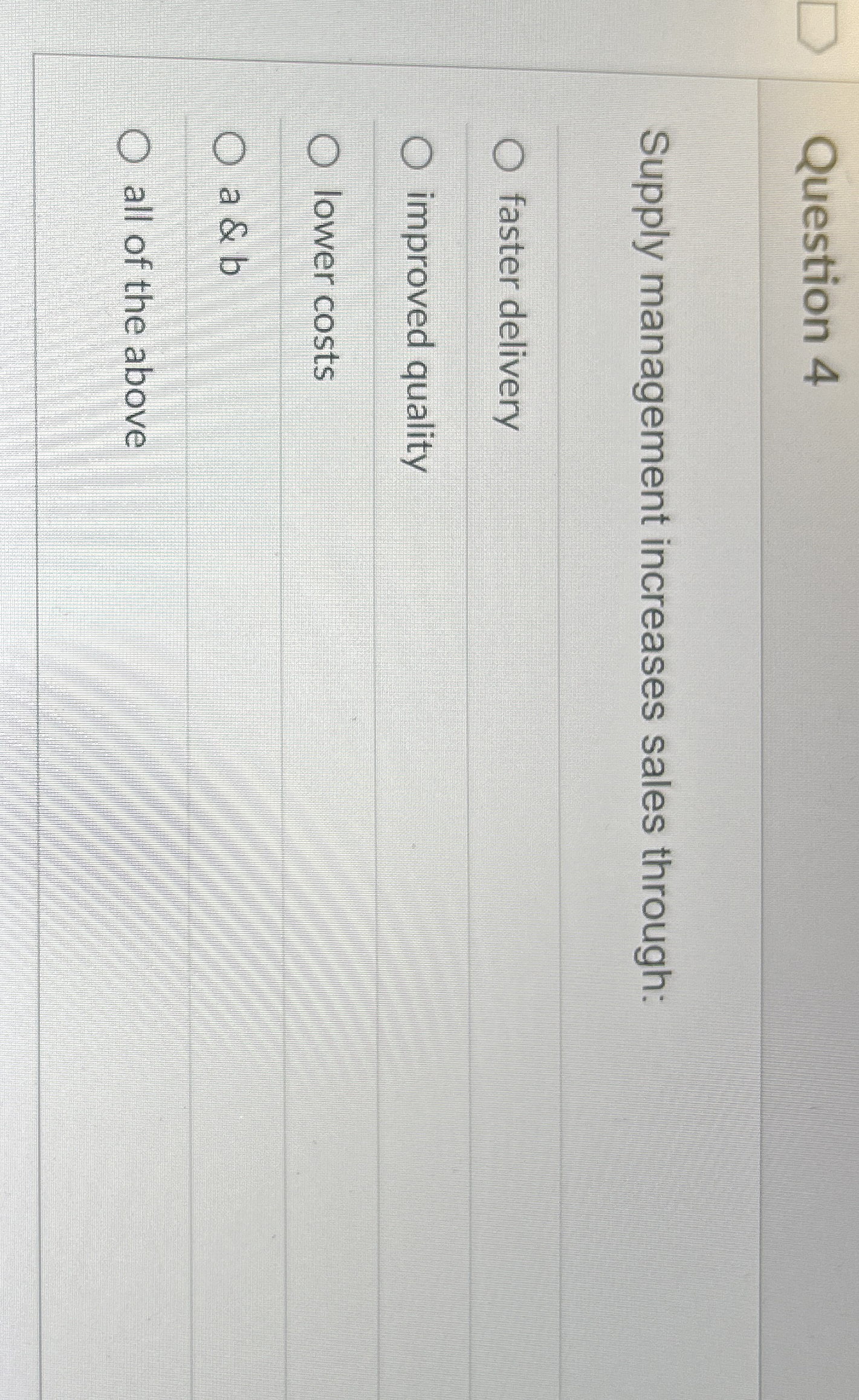  Question 4 Supply management increases sales through: faster delivery improved quality