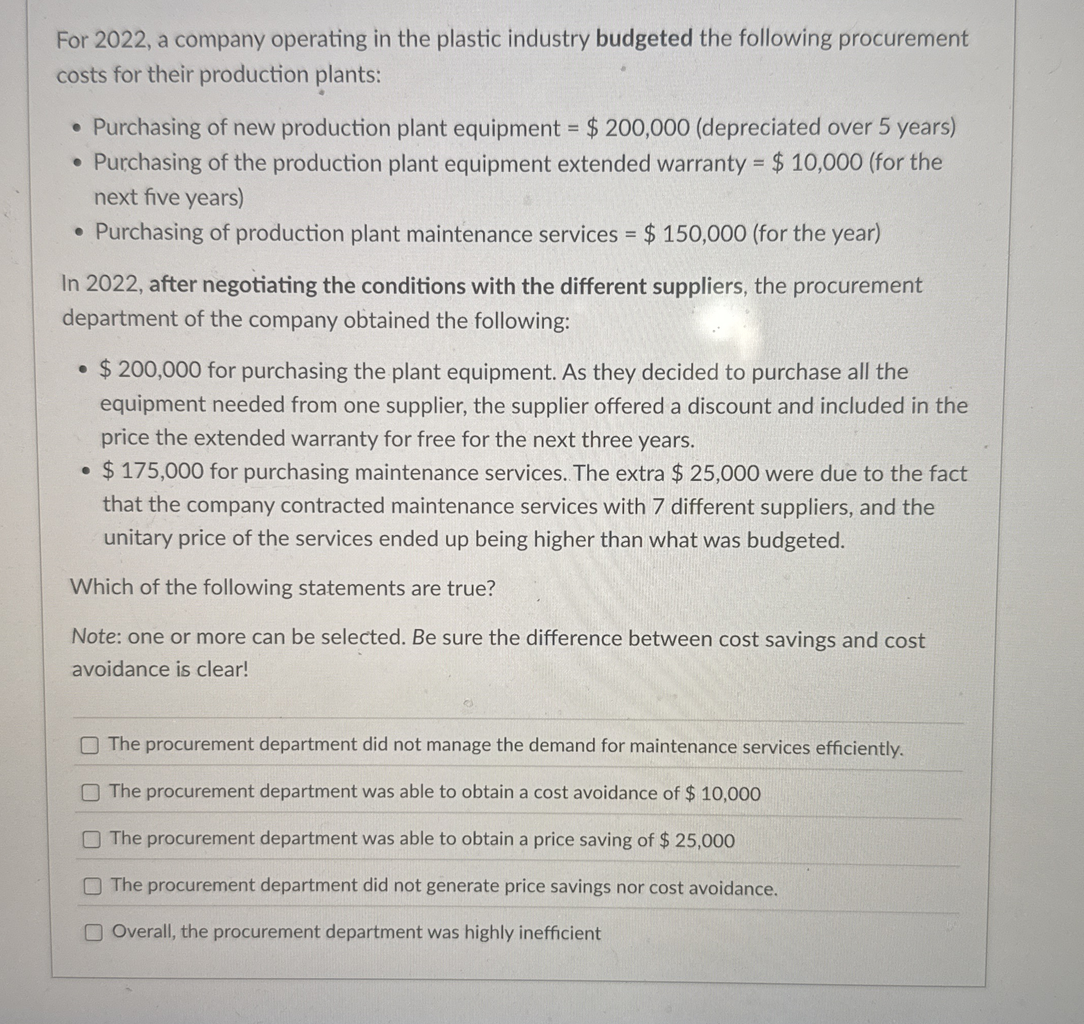 For 2022, a company operating in the plastic industry budgeted the