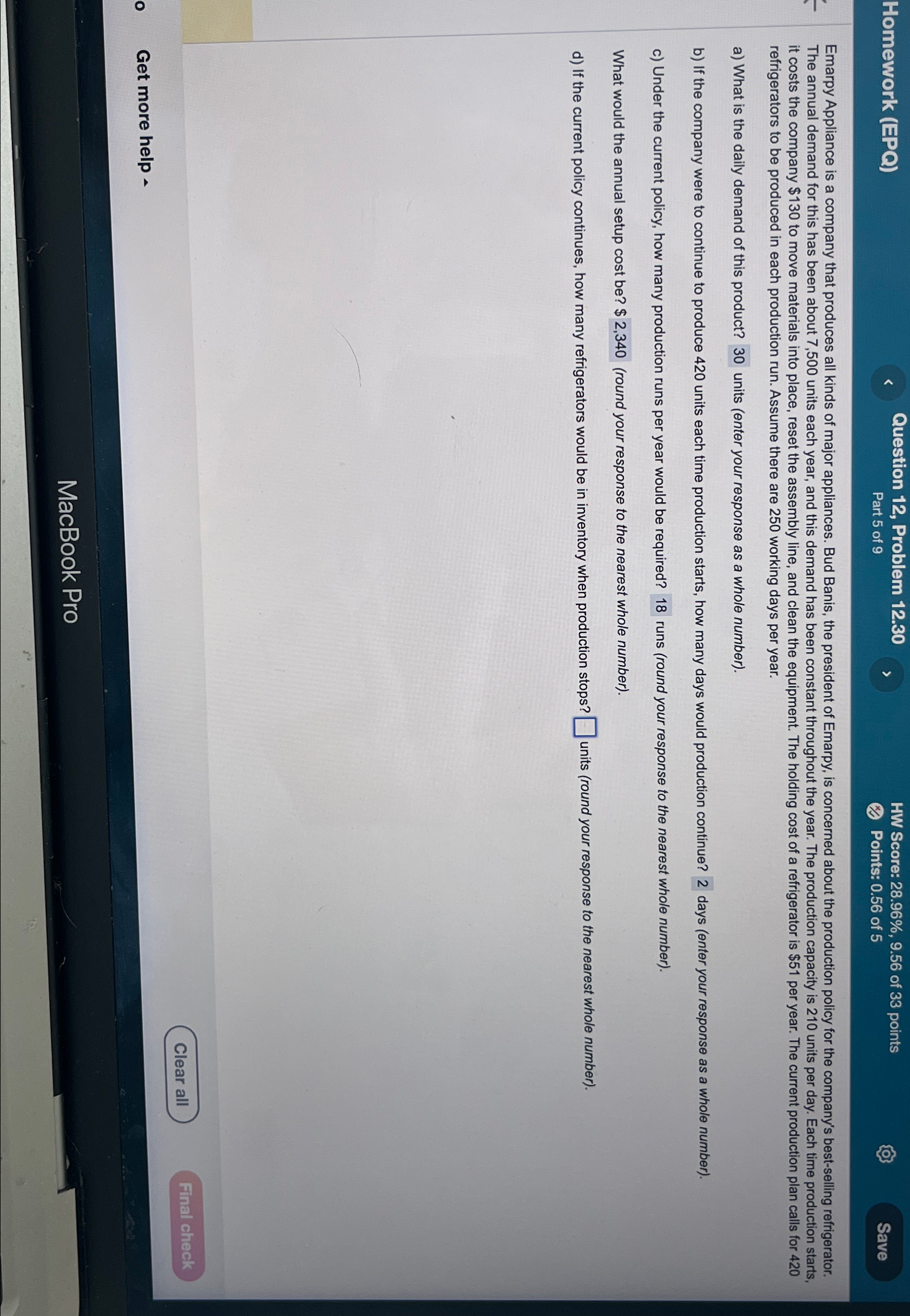  Homework (EPQ) Question 12, Problem 12.30 HW Score: 28.96%,9.56 of 33