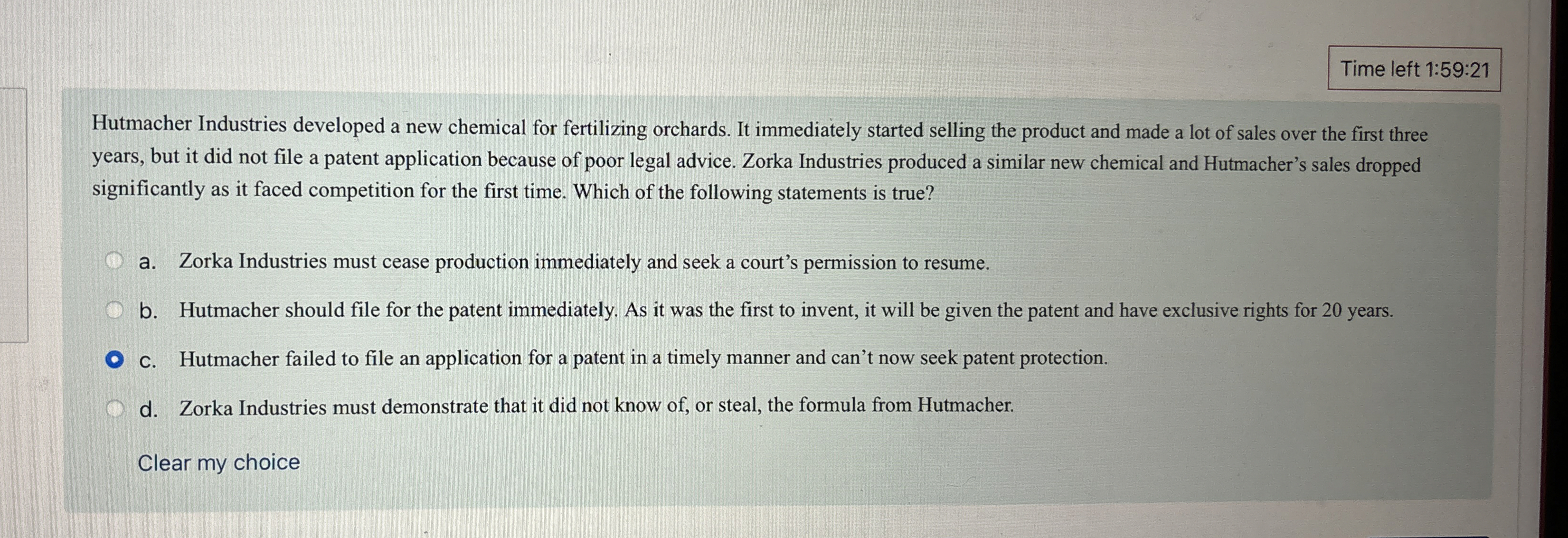  Time left 1:59:21 Hutmacher Industries developed a new chemical for fertilizing