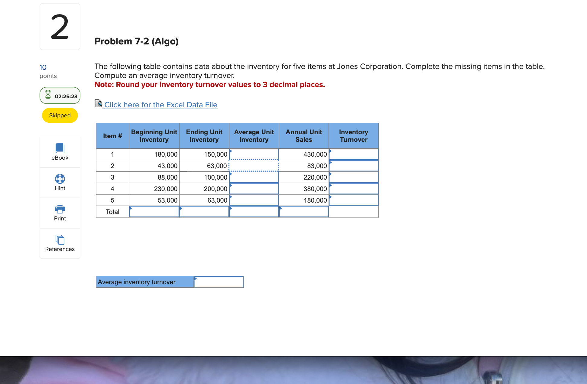  Problem 7-2(Algo) The following table contains data about the inventory for