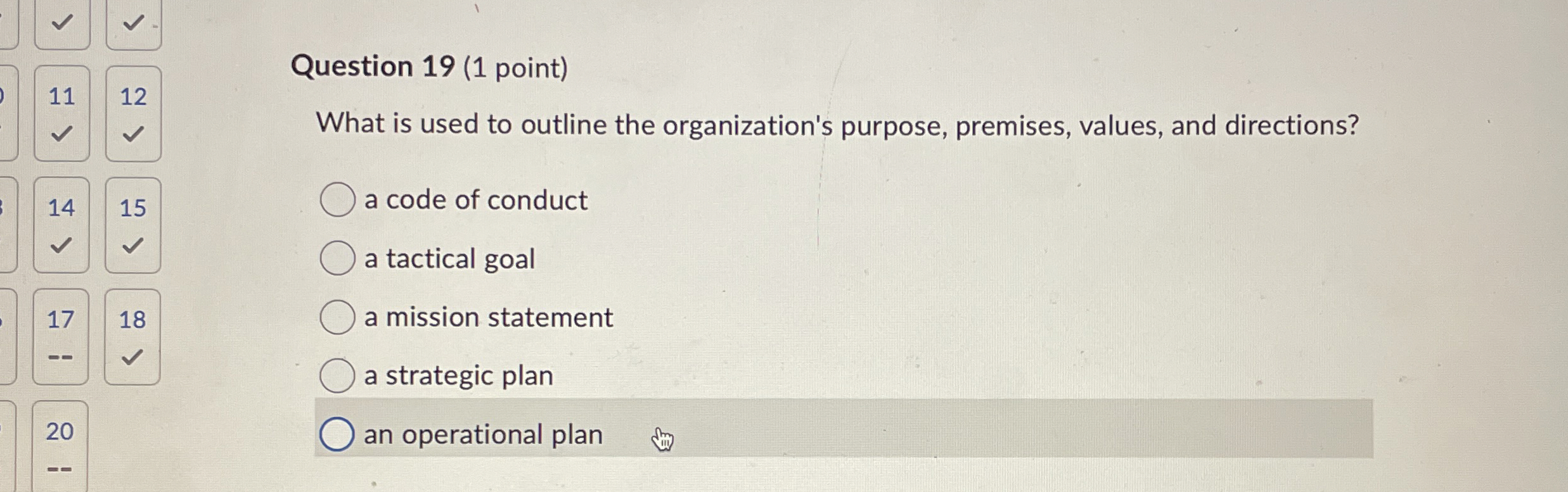  Question 19(1 point) What is used to outline the organization's purpose,