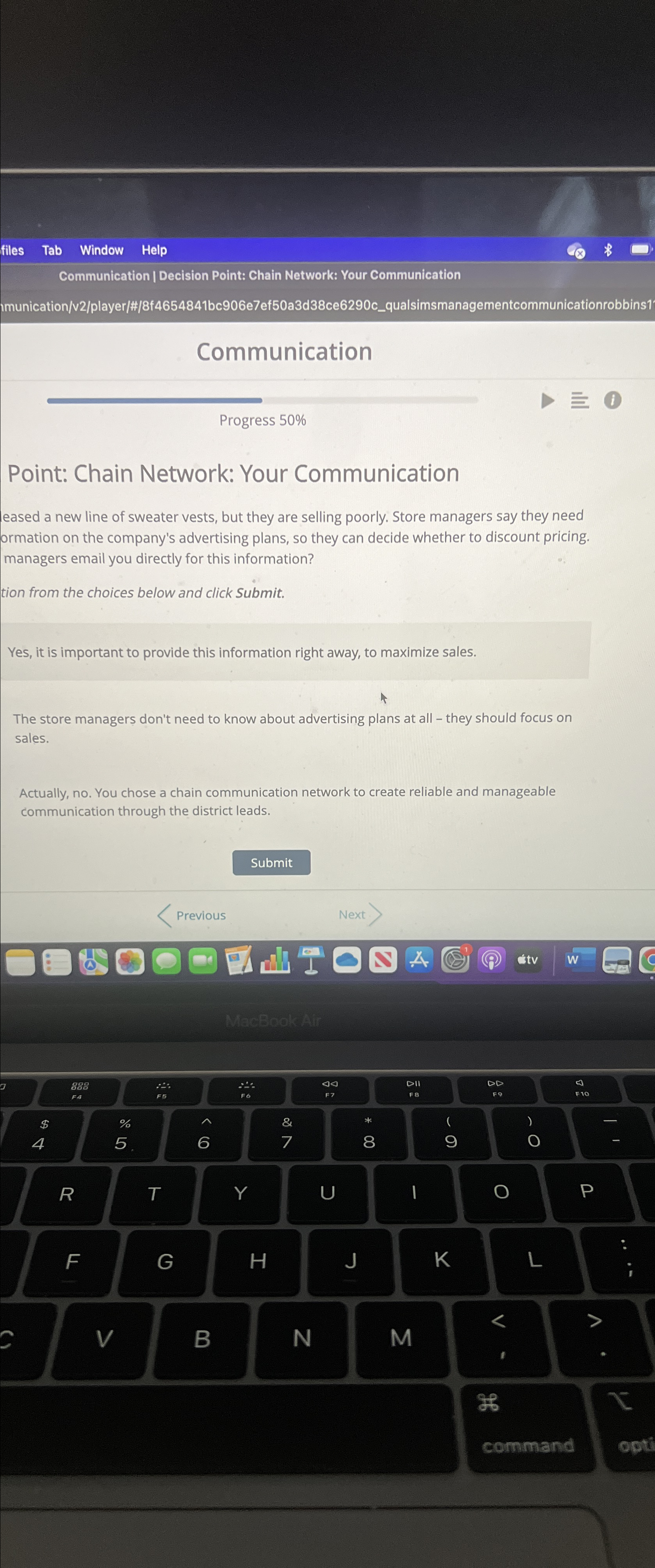 files Tab Window Help Communication | Decision Point: Chain Network: Your