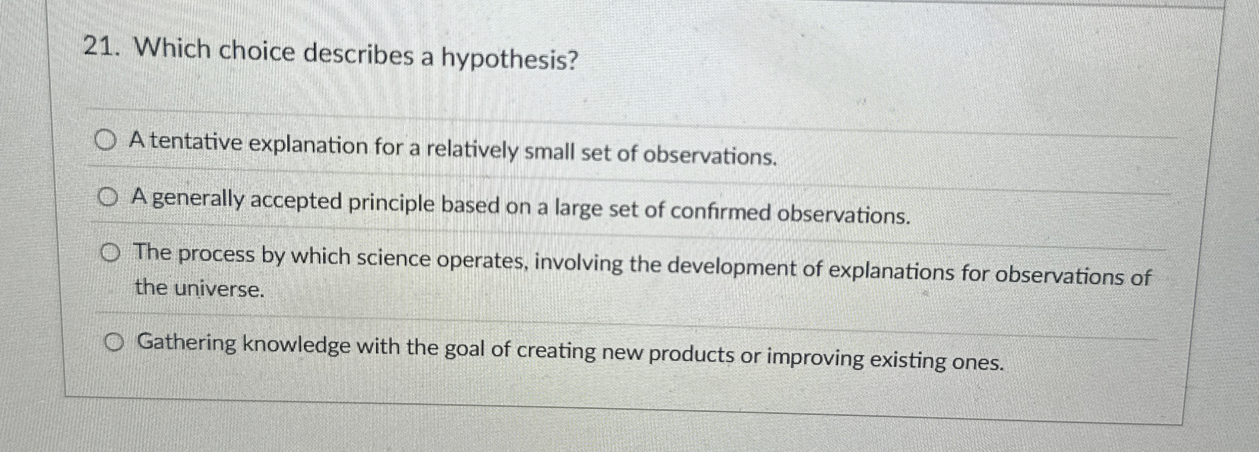  Which choice describes a hypothesis? A tentative explanation for a relatively