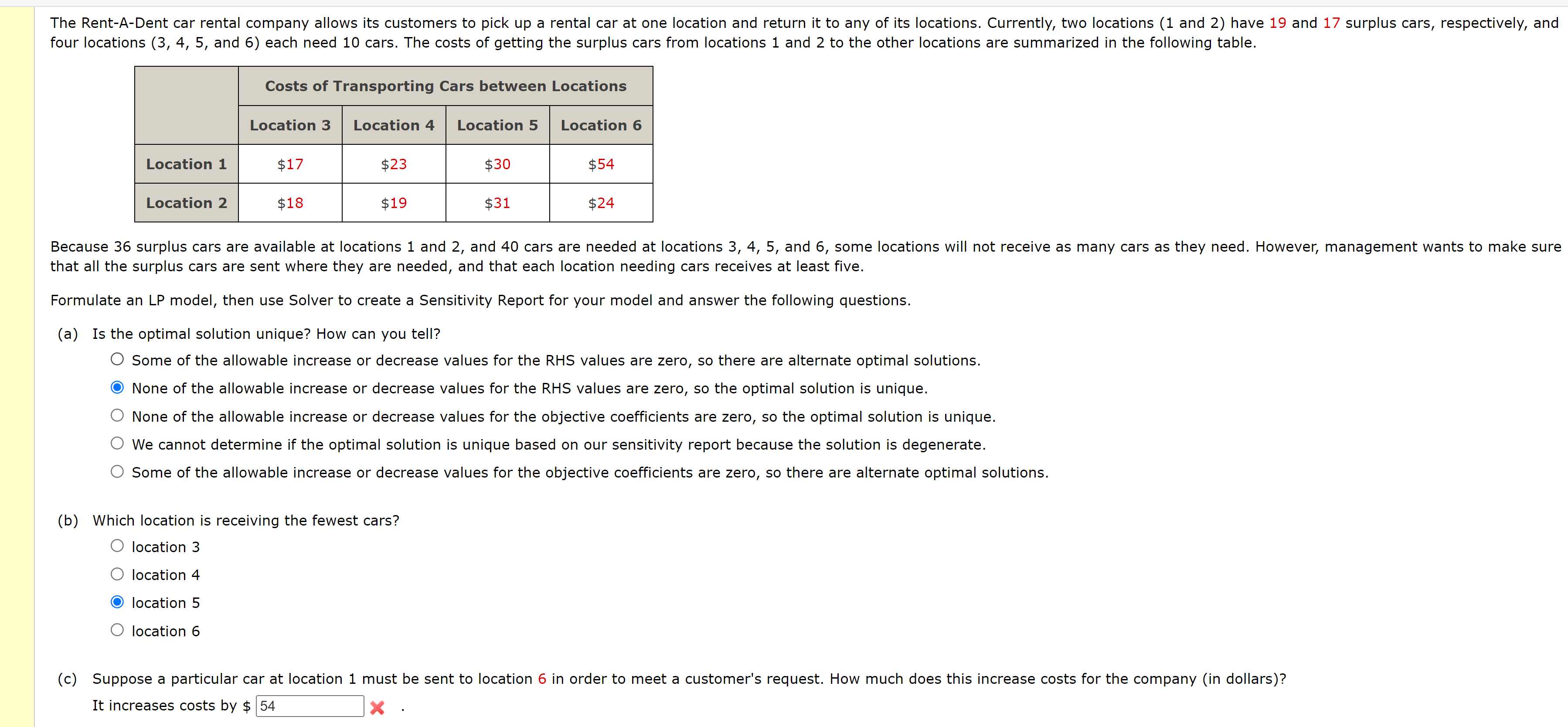  four locations (3,4,5, and 6) each need 10 cars. The costs