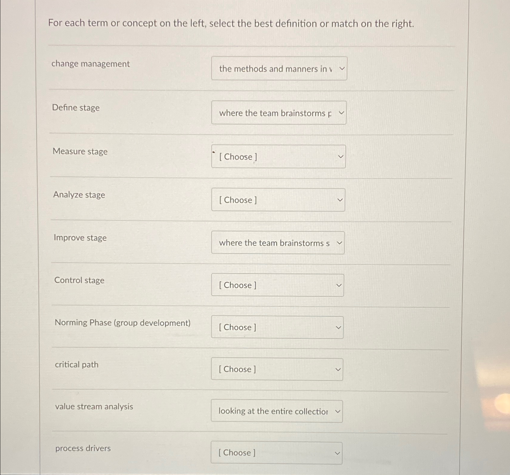  For each term or concept on the left, select the best