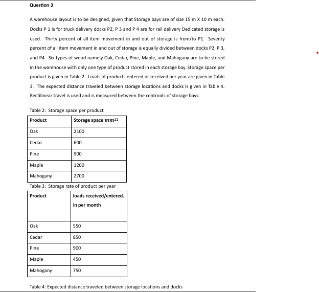  A warehouse layout is to be designed, given that Storage bays