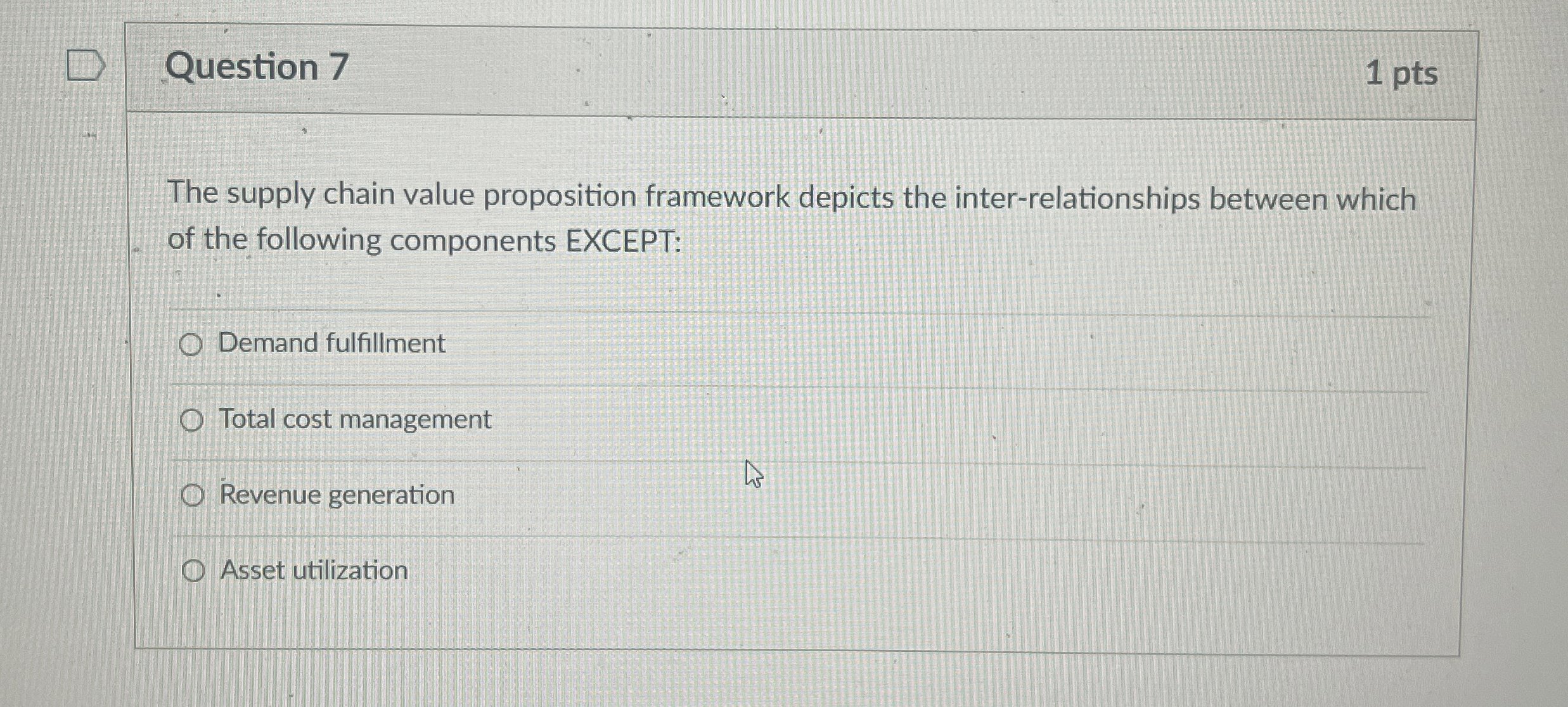  Question 7 1 pts The supply chain value proposition framework depicts