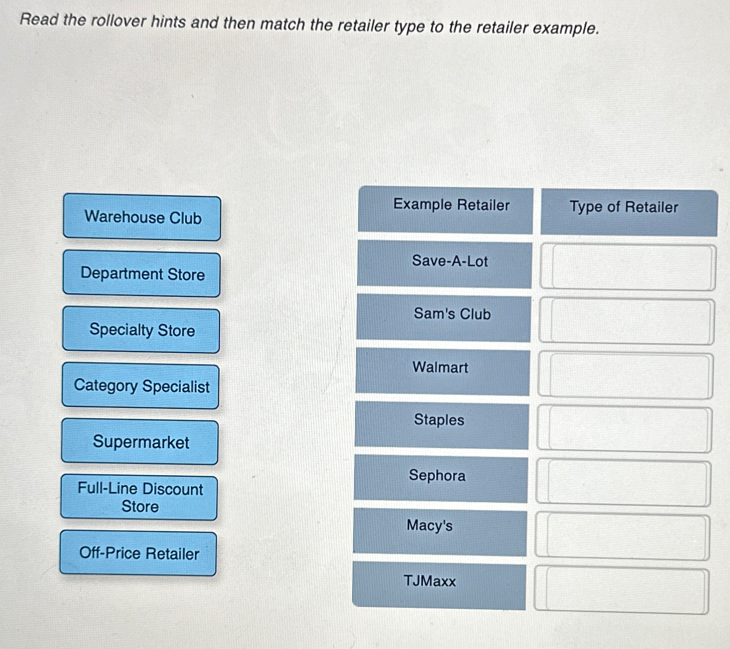  Read the rollover hints and then match the retailer type to