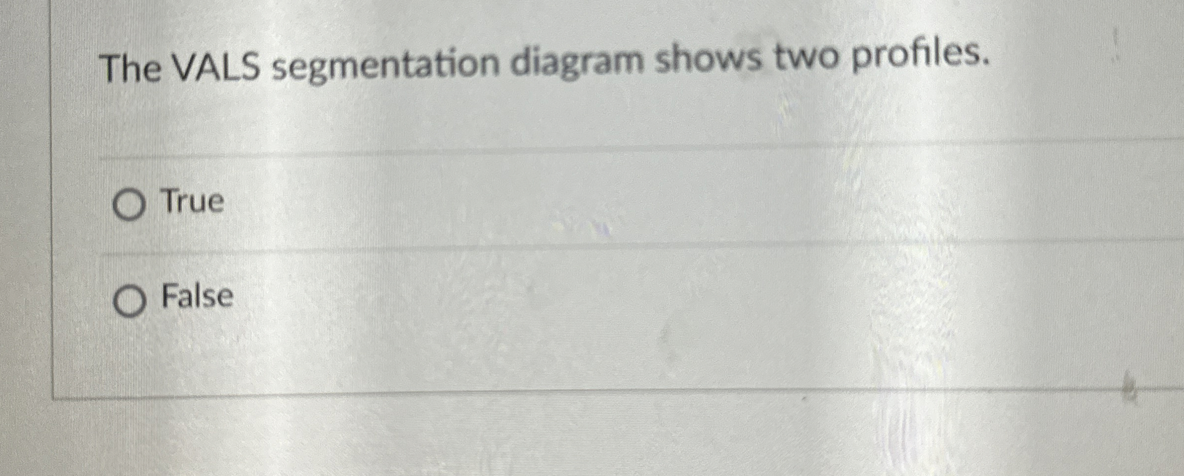  The VALS segmentation diagram shows two profiles. True False 