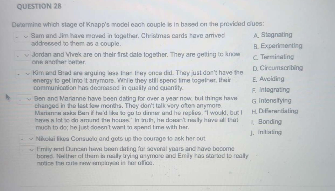  QUESTION 28 Determine which stage of Knapp's model each couple is
