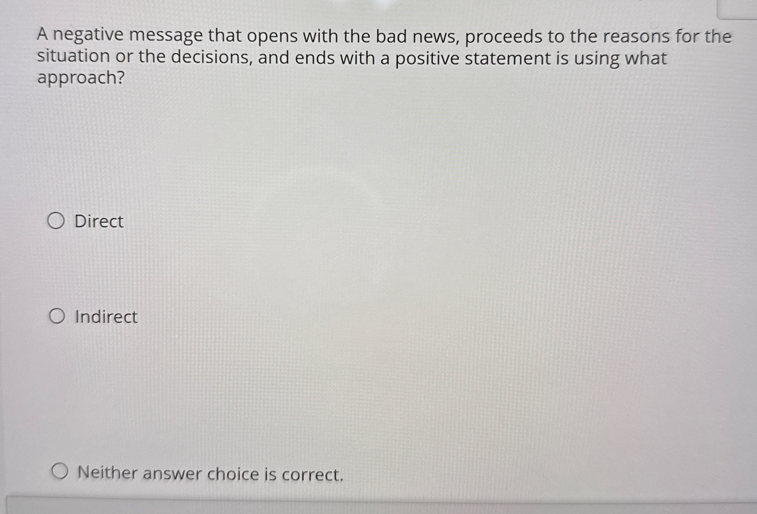  A negative message that opens with the bad news, proceeds to