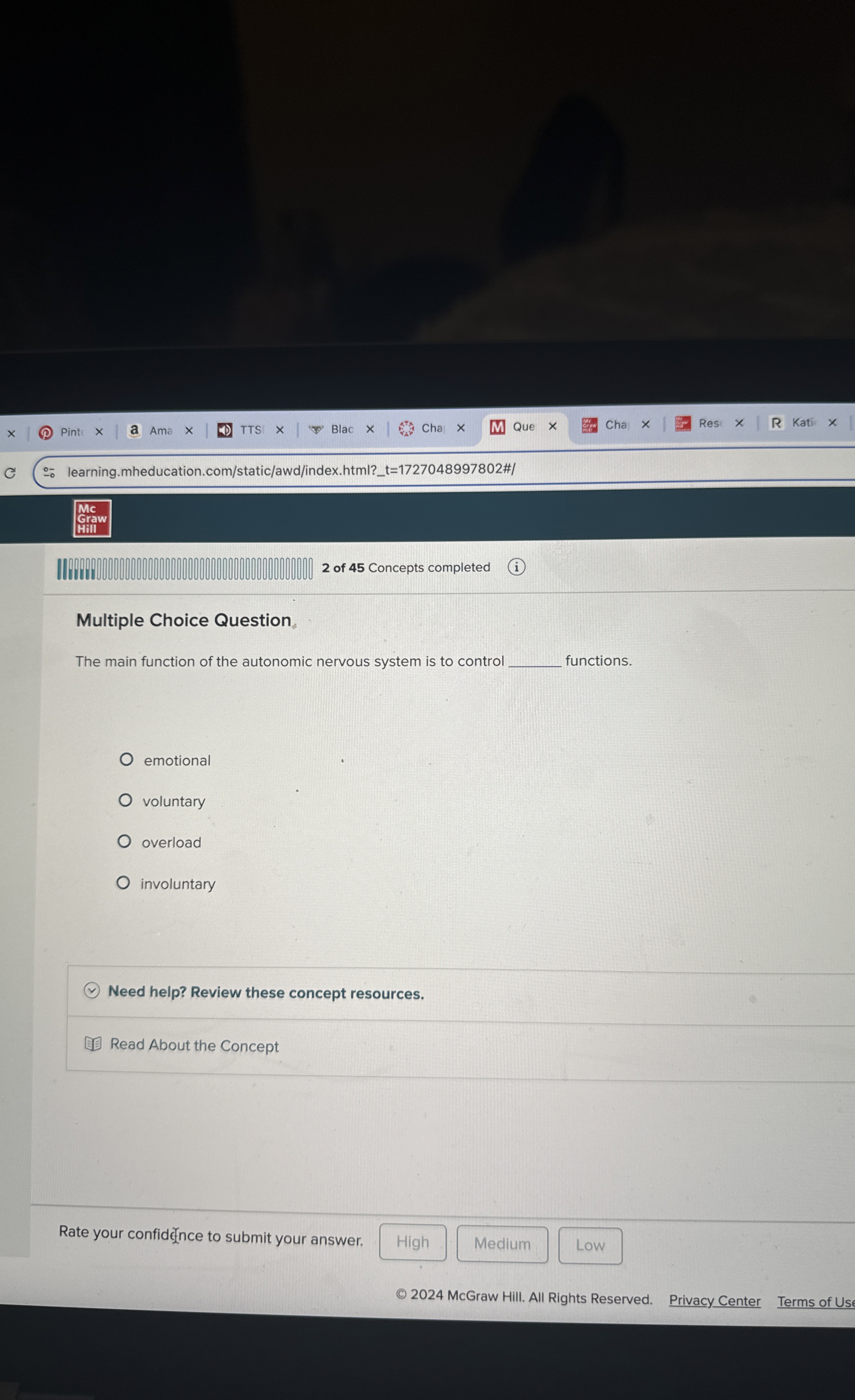  Multiple Choice Question The main function of the autonomic nervous system