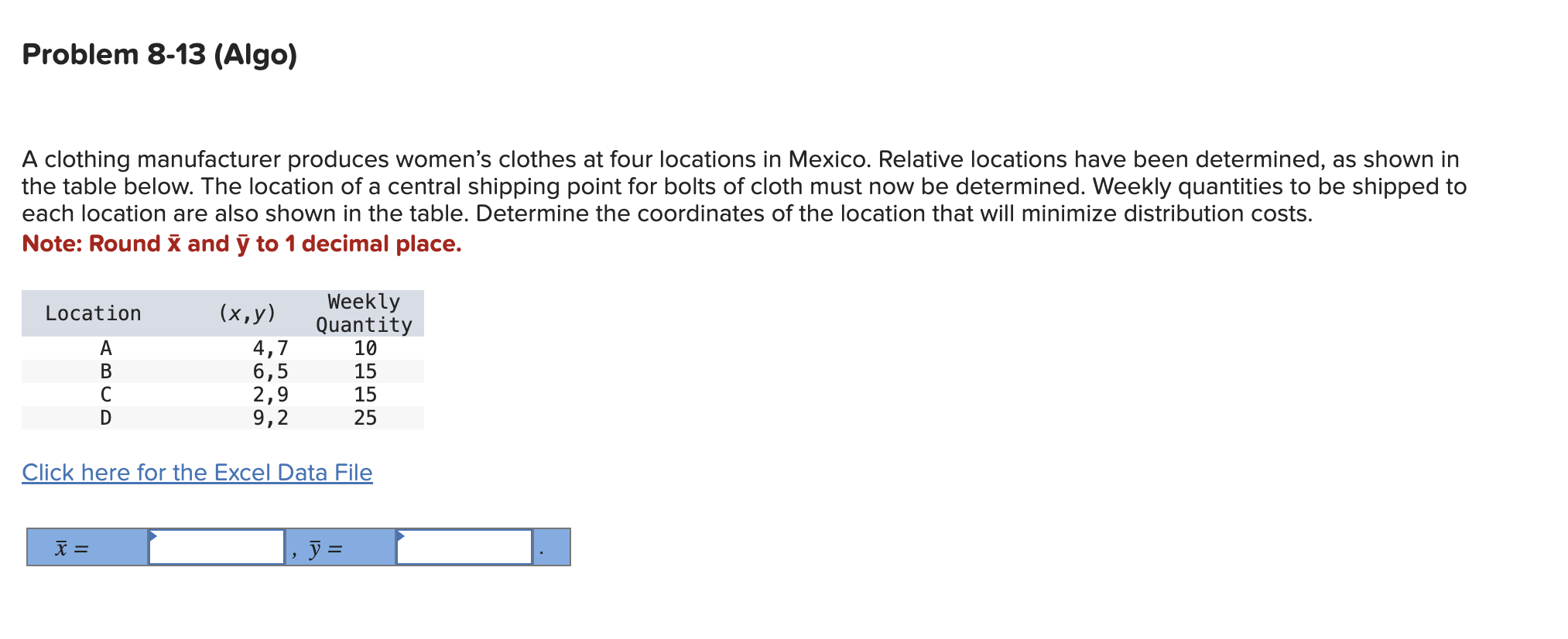  Problem 8-13(Algo) A clothing manufacturer produces women's clothes at four locations