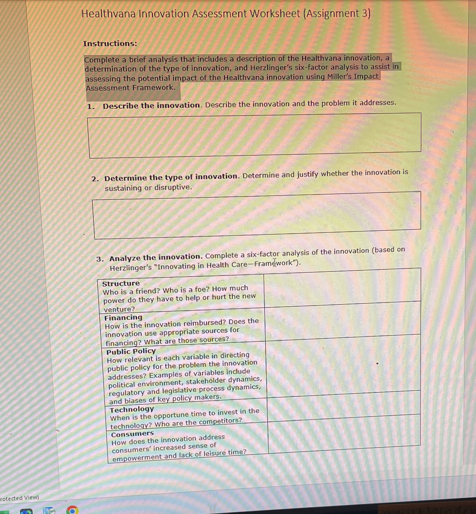  Healthvana Innovation Assessment Worksheet (Assignment 3) Instructions: Complete a brief analysis