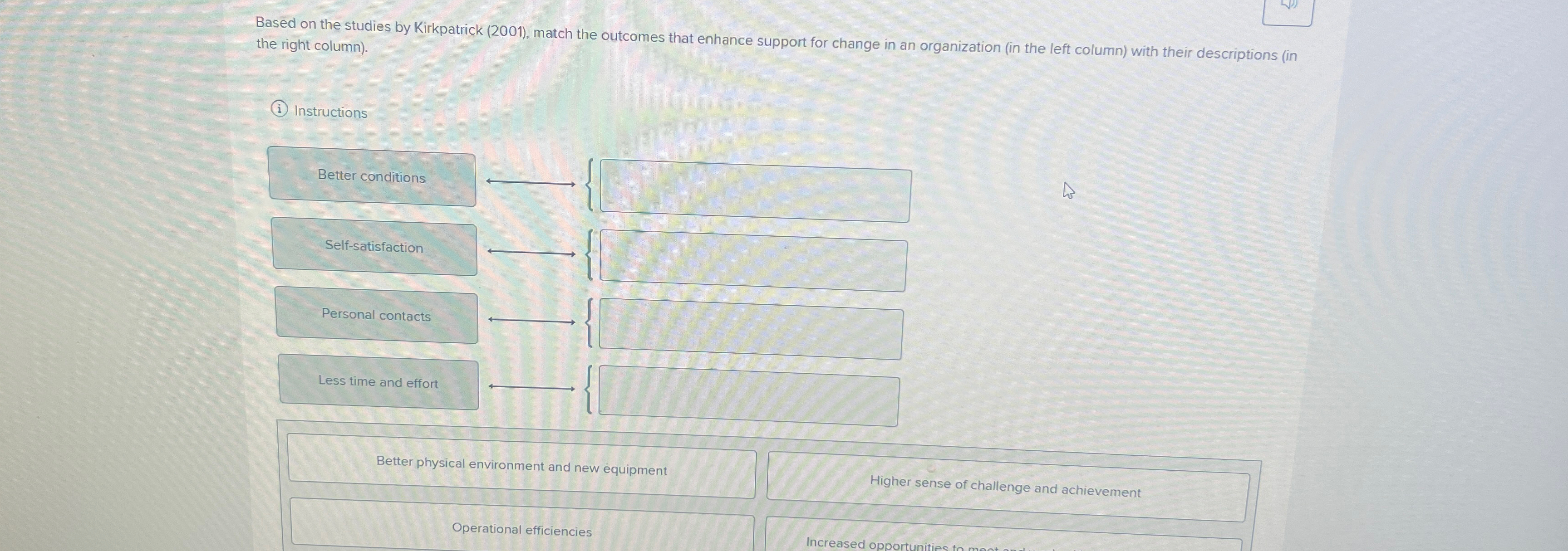  Based on the studies by Kirkpatrick (2001), match the outcomes that